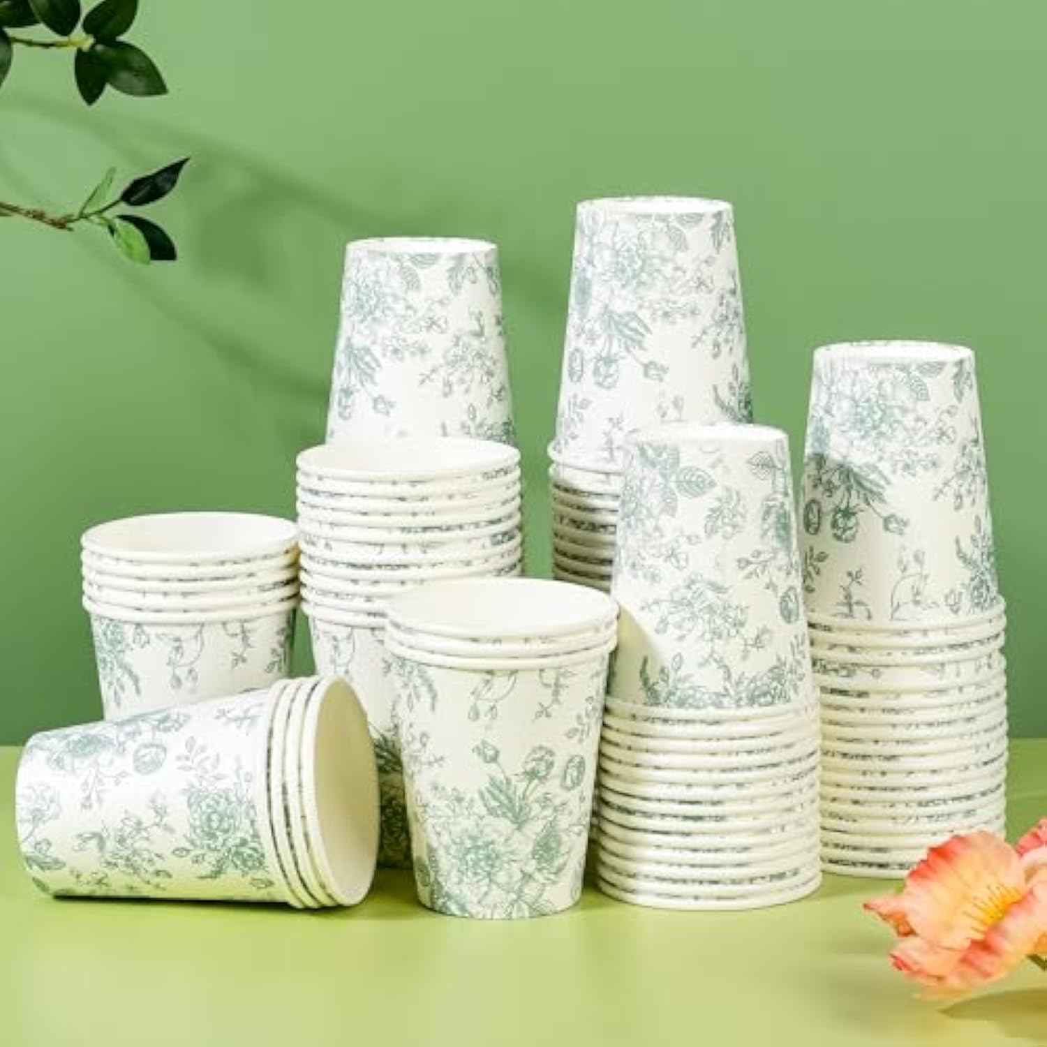 100Pcs Floral Paper Cups Sage Green Flowers Paper Cups 9Oz Disposable Green And White Toile Chinoiserie Drinking Cups For Bridal Baby Shower Birthday Party Supplies