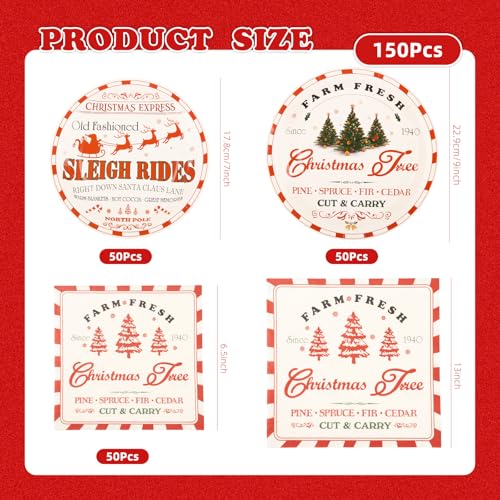 150Pcs Christmas Paper Plates & Napkins, Vintage Farmhouse Party Set