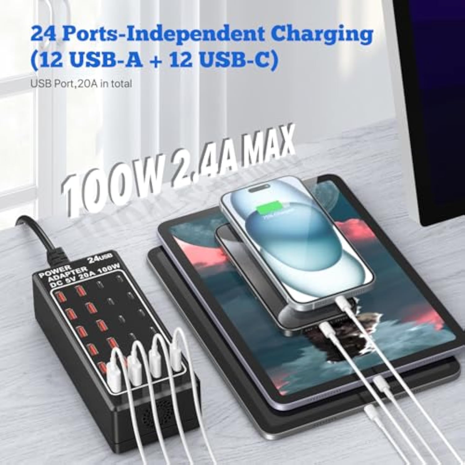Usb Charger Station, C Charging Block, 100W (20A) 24 Port Multiple Usbcharger Desktop Wall Charger Hub 12 Usb A 12 Usb C Compatible For Apple Iphone, Ipad, Samsung Galaxy, Laptop, Pixel, Phones