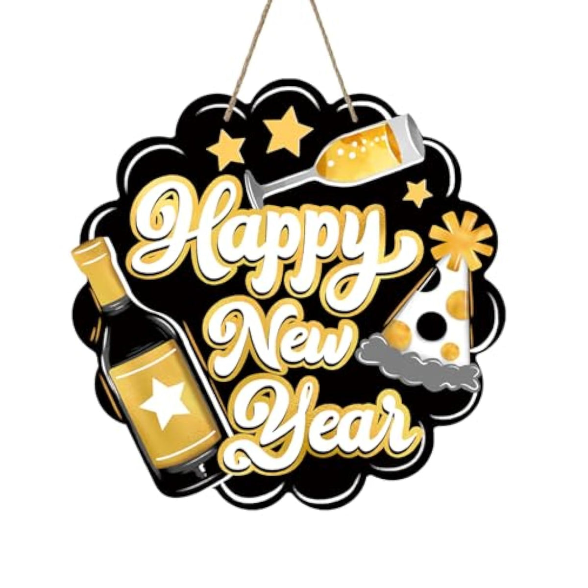 Happy New Year 2026 Front Door Sign, Black Gold Wooden Porch Wall Decor