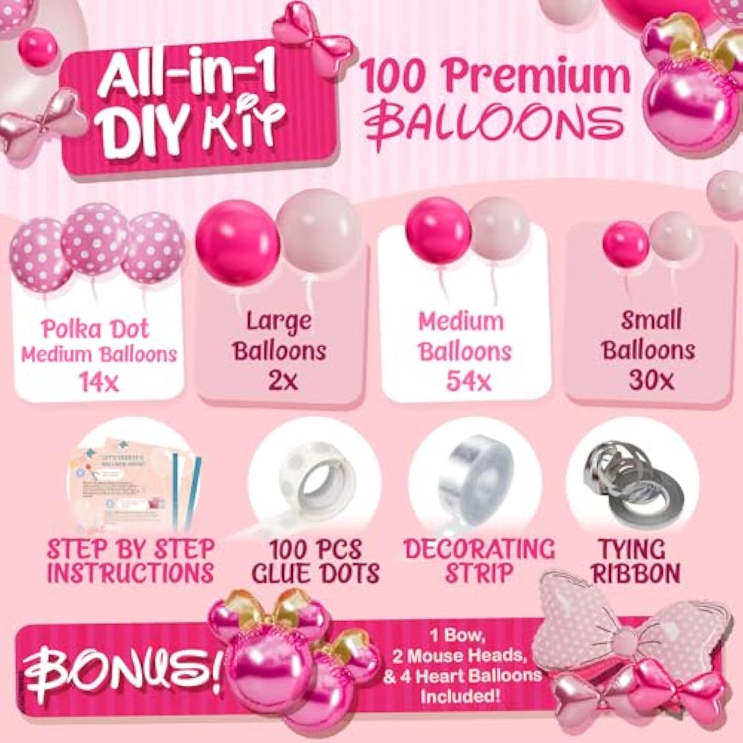 All-In-1 Minnie Balloon Arch Kit With Bonus Bow & Mouse Head Balloons - Mini Mouse Balloons For Birthday Decorations & Oh Twodles Birthday Party Supplies Girl - Minnie Birthdays Party, Baby Shower