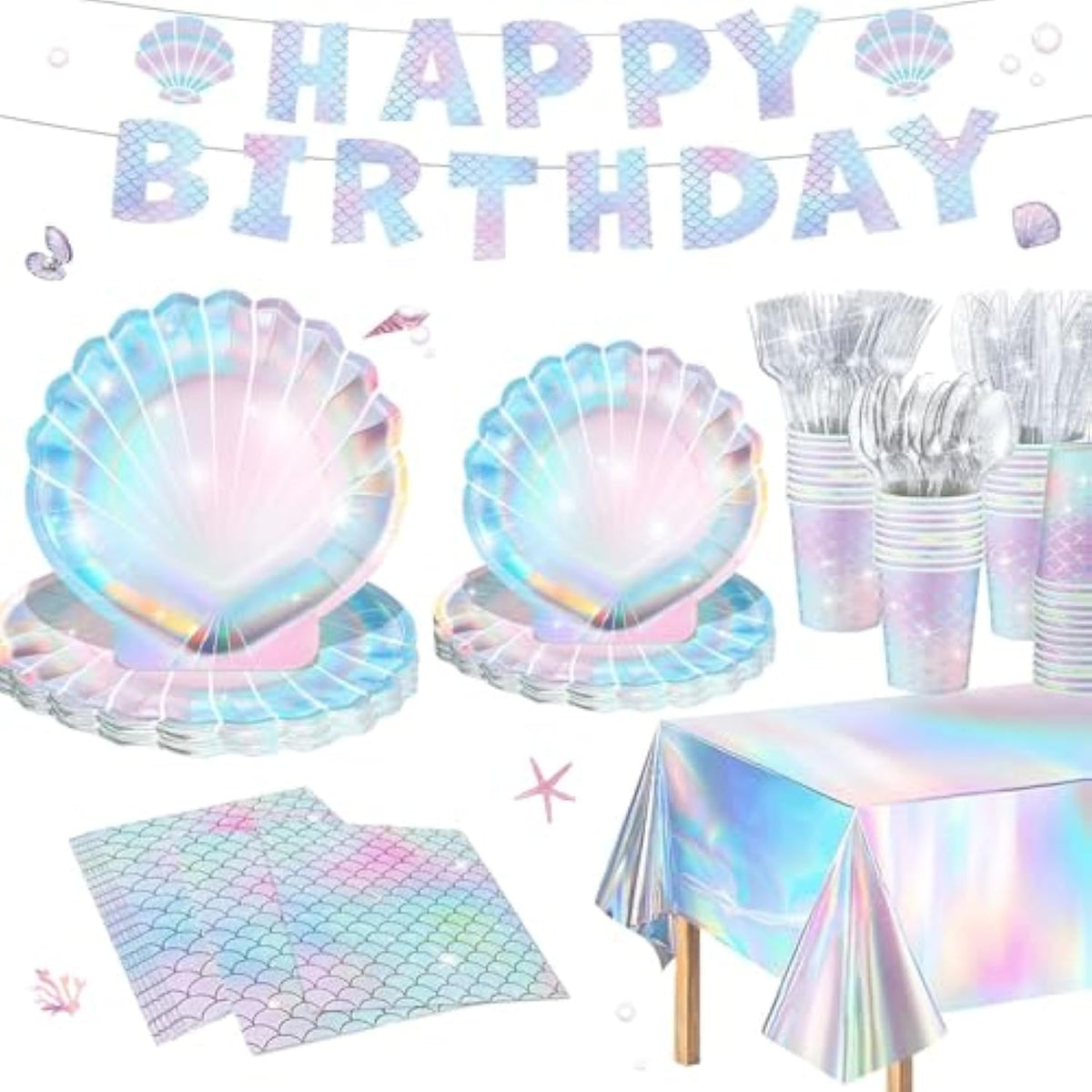 Summer Mermaid Party Supplies For Girls Baby Shower Birthday Party Under The Sea Themed Decor Iridescent Shell Plates Napkins Cups Knives Forks Tablecloths Banners Serves 20 Guests 122Pcs