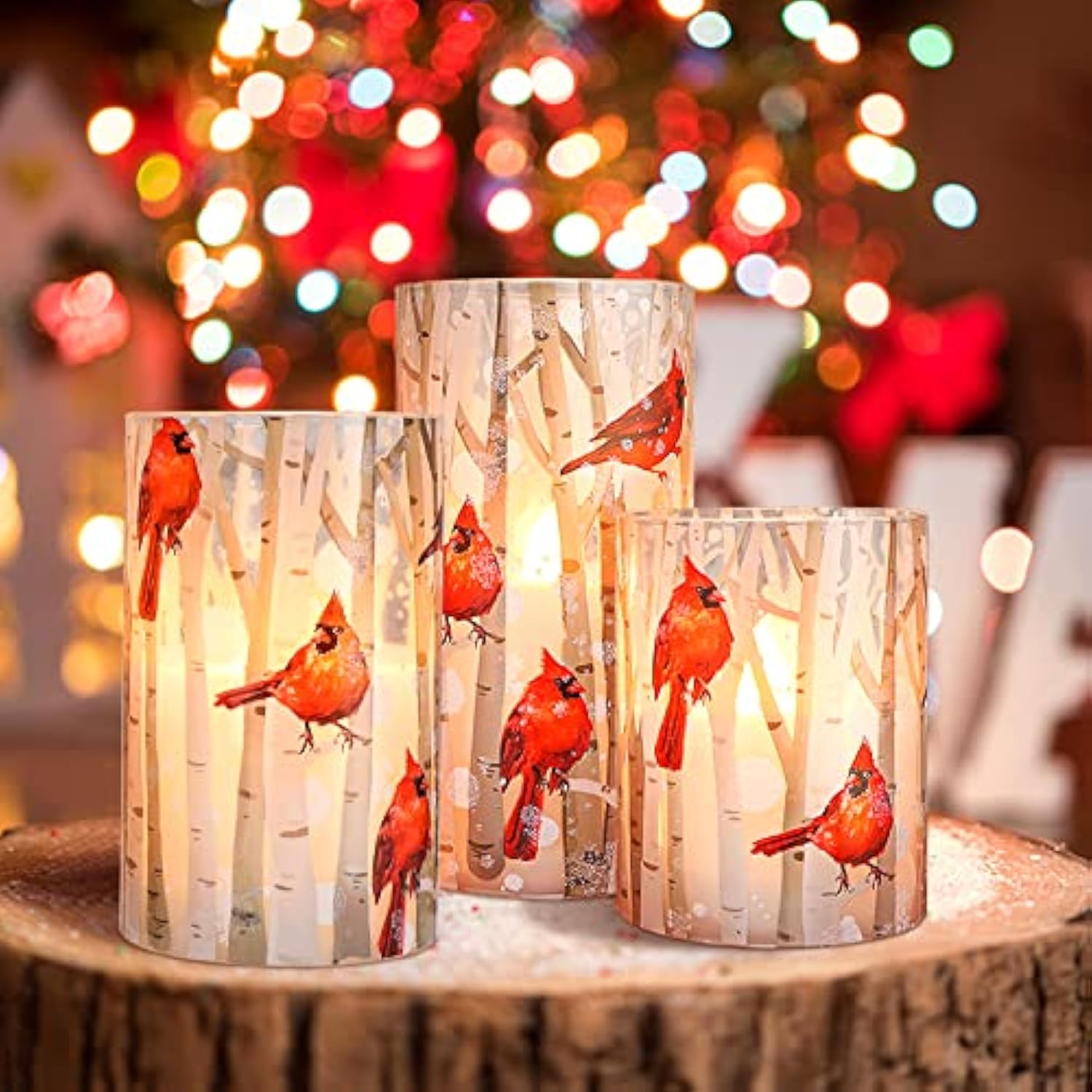 Flameless Candles, Cardinal Theme, (Set Of 3) Battery Operated Led Candles With Remote, Real Wax & Glass Effect Candle With Timer For Christmas Home Festival Décor