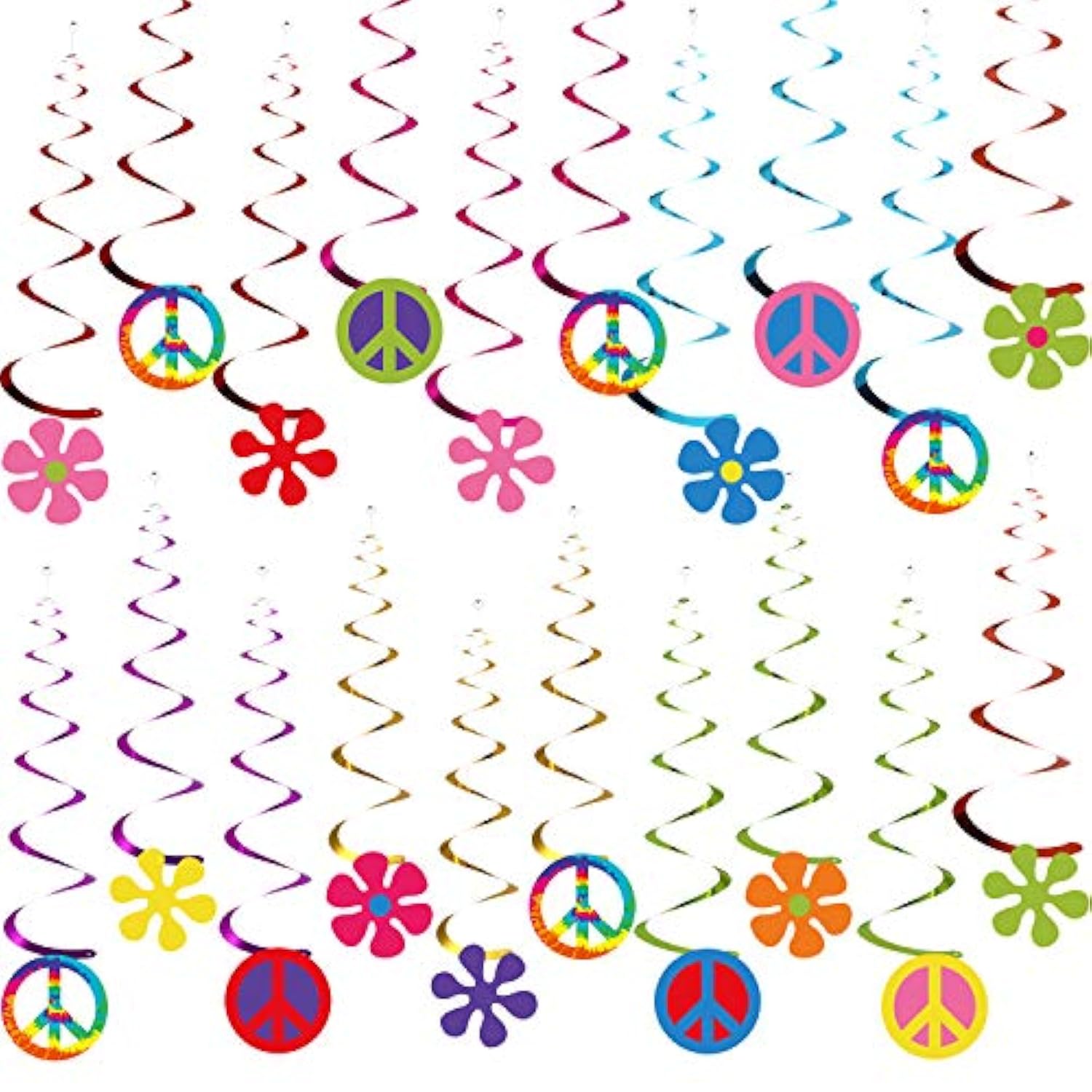30pcs 60s Hippie Theme Party Foil Swirl Decorations with Retro Flower Peace Sign Cutouts