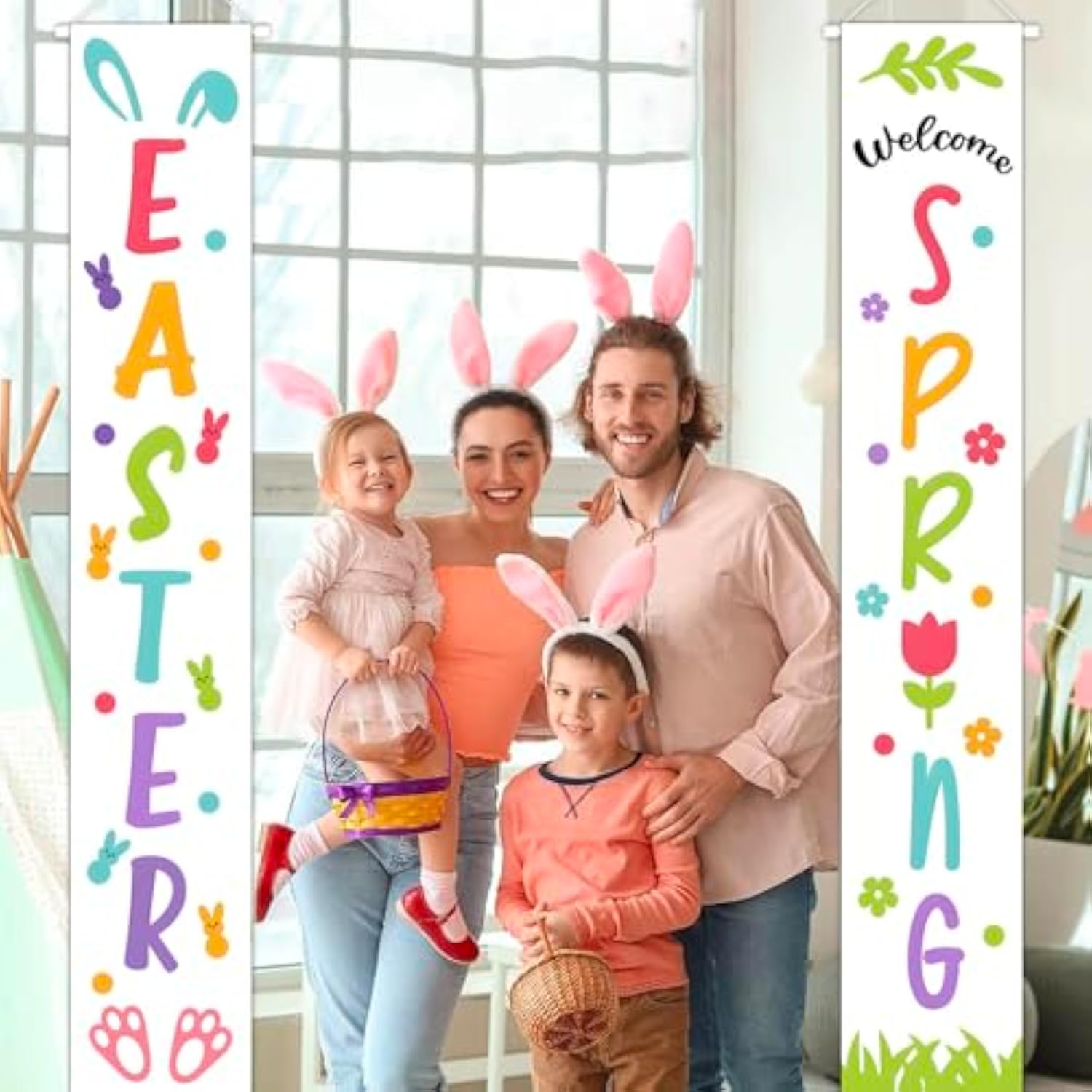 Easter Porch Banner Bunny Rabbit Daisy Party Front Door Sign Wall Hanging Spring Decorations And Supplies For Home Office Farmhouse Holiday Decor
