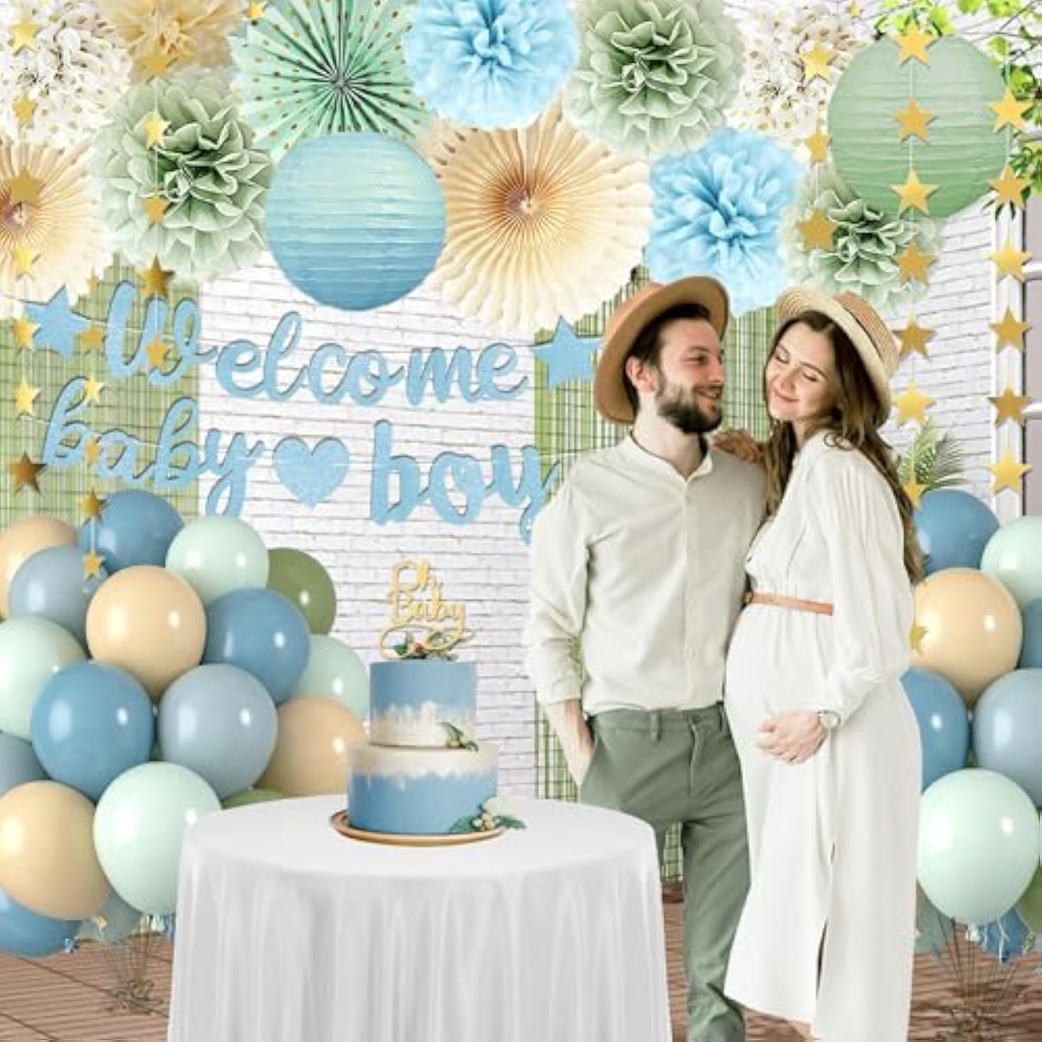 Dusty Blue Sage Green Baby Shower Decorations -Welcome Baby Boy Banner, Retro Sea-Blue Green Balloons, 'Oh Baby' Cake Topper, Pom Poms Flowers Paper Fan For Birthday Jungle Boho Blue-Party Décor