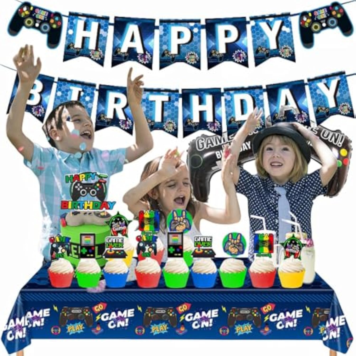 17-Piece Video Game Birthday Party Decoration Set With Game Controllers, Cake Decorations, Tablecloth And Foil Balloons For Boys And Girls Gaming Theme Celebration