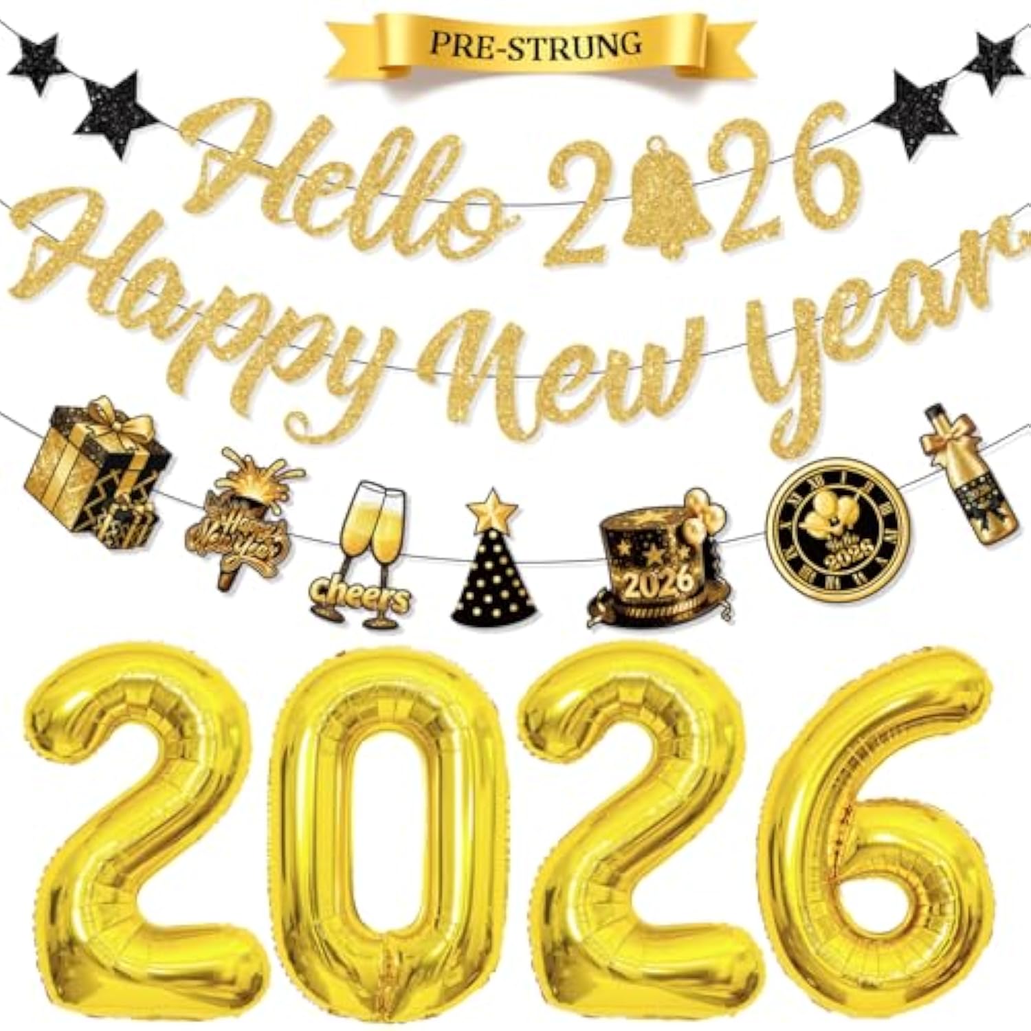 Pre-Strung Hello 2026 Happy New Year Banner with Gold Balloons Party Decor
