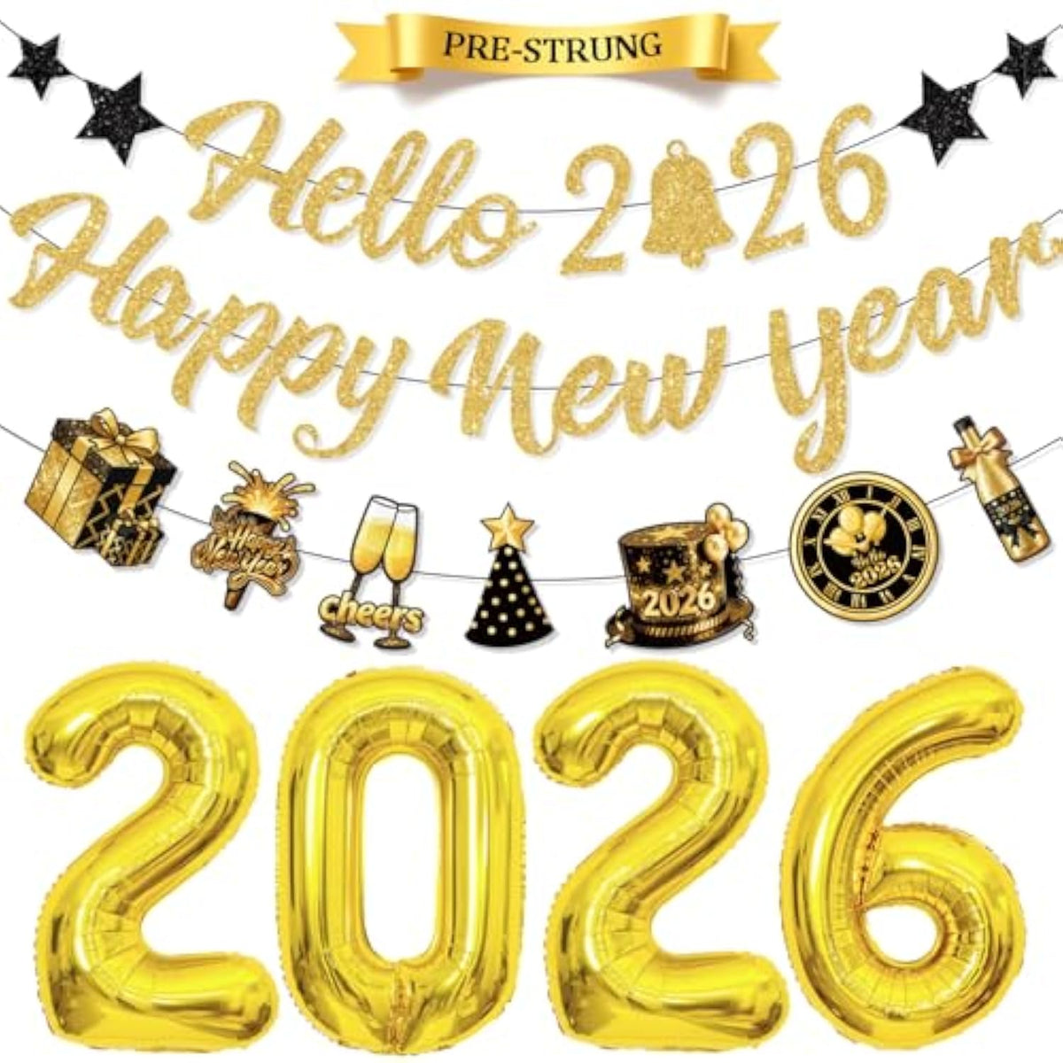 Pre-Strung Hello 2026 Happy New Year Banner with Gold Balloons Party Decor