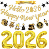 Pre-Strung Hello 2026 Happy New Year Banner with Gold Balloons Party Decor