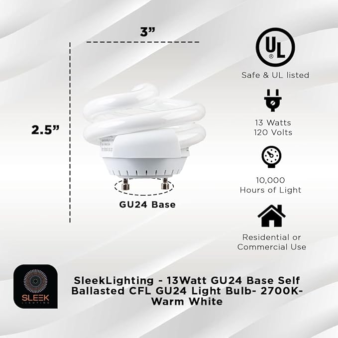 GU24 CFL Light Bulbs 4 Pack 13W T2 Spiral 2700K Warm White 800 Lumens UL Approved
