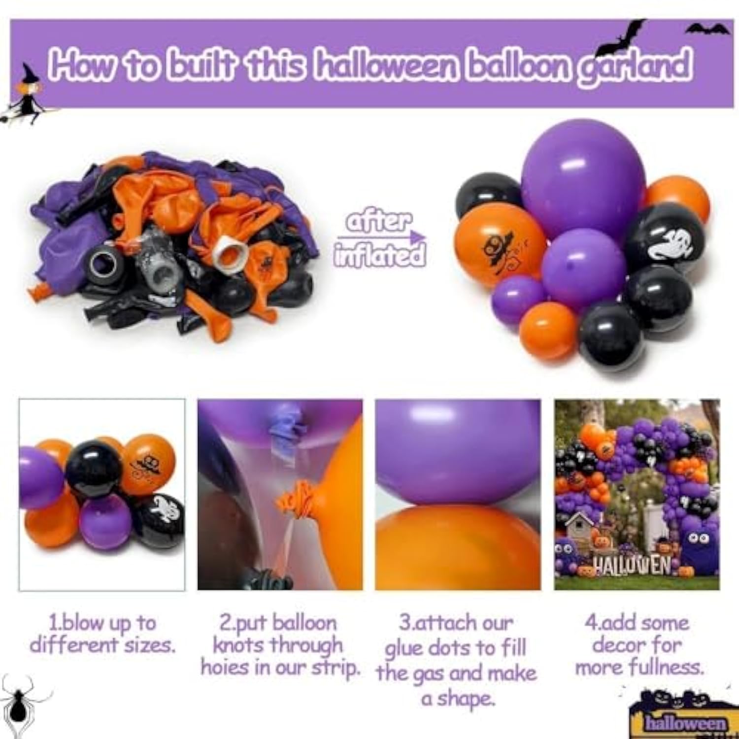Halloween Balloon Arch Garland Kit with Ghost Bat Balloons Black Purple Orange Party