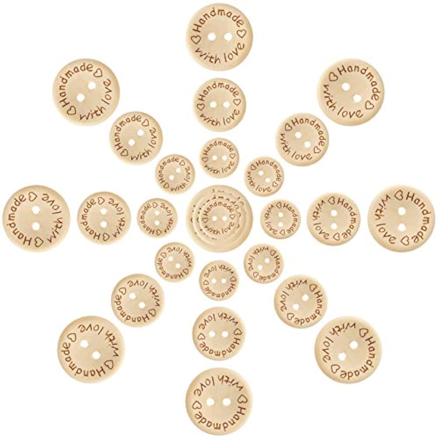 150Pcs Wooden Buttons (15-20-25Mm) Handmade With Love Round Craft Déco