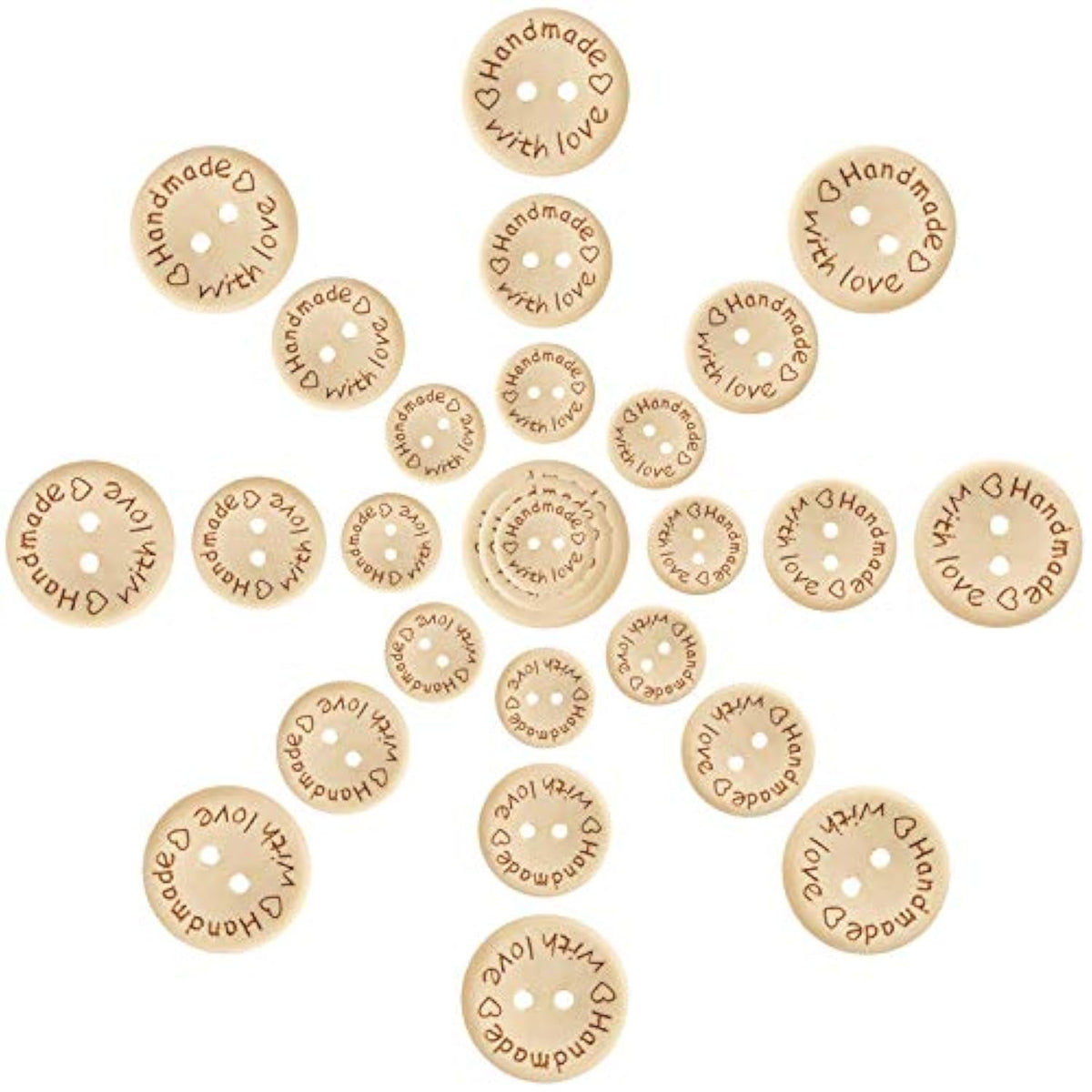 150Pcs Wooden Buttons (15-20-25Mm) Handmade With Love Round Craft Déco