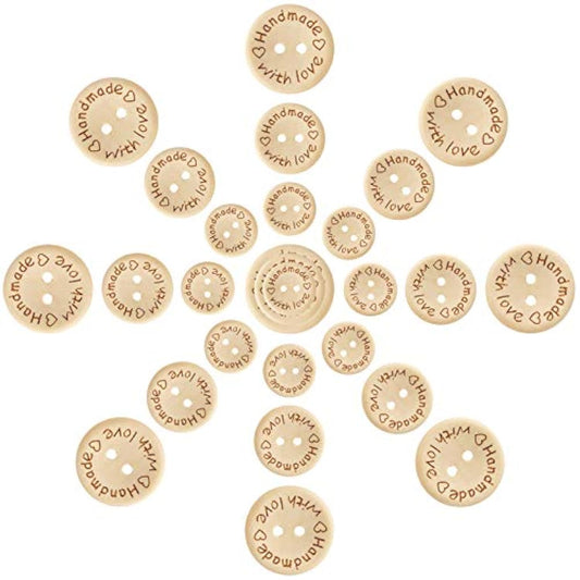 150Pcs Wooden Buttons (15-20-25Mm) Handmade With Love Round Craft Déco