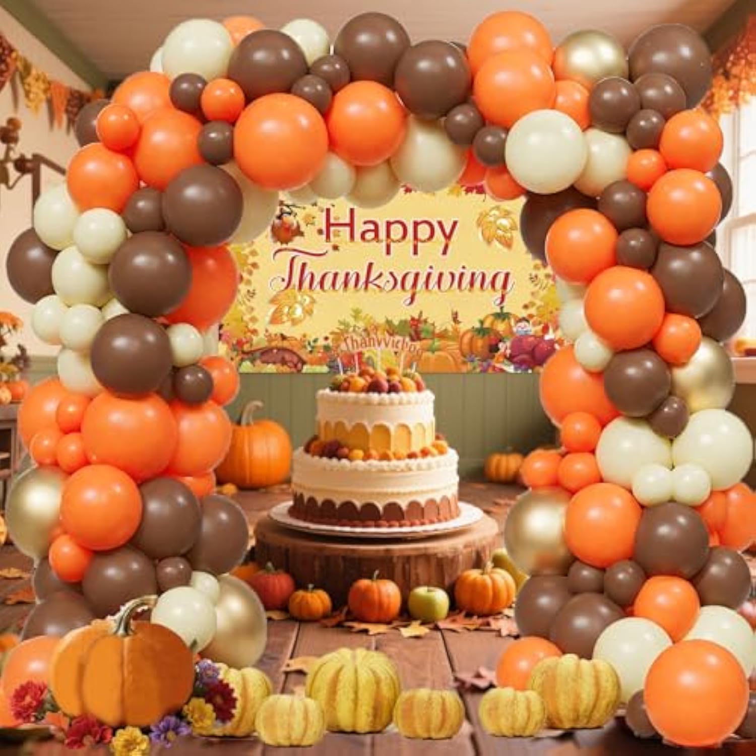 Thanksgiving Balloon Arch Kit Orange Gold Brown Sand Balloons with Happy Thanksgiving Backdrop Party