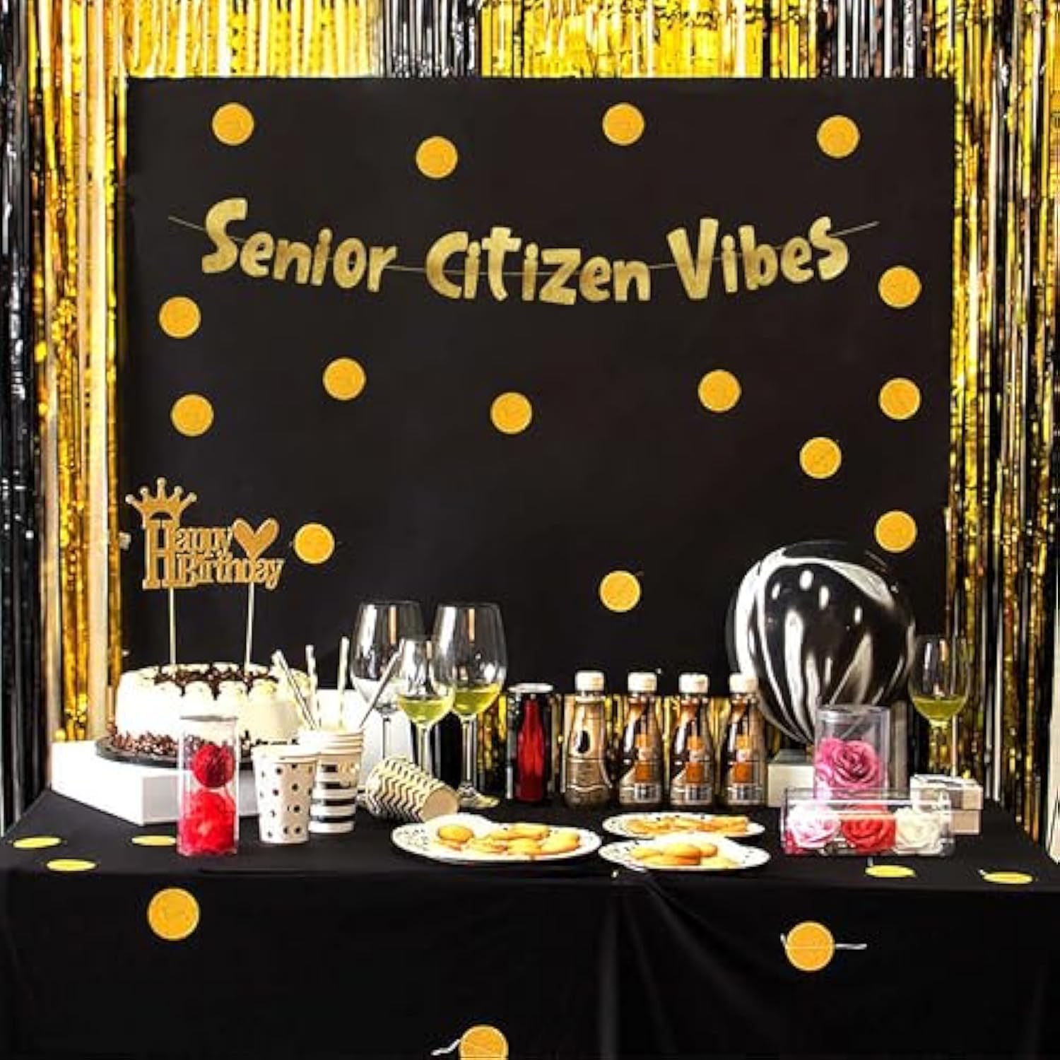 "Senior Citizen Vibes" gold glitter birthday banner for milestone adult celebrations