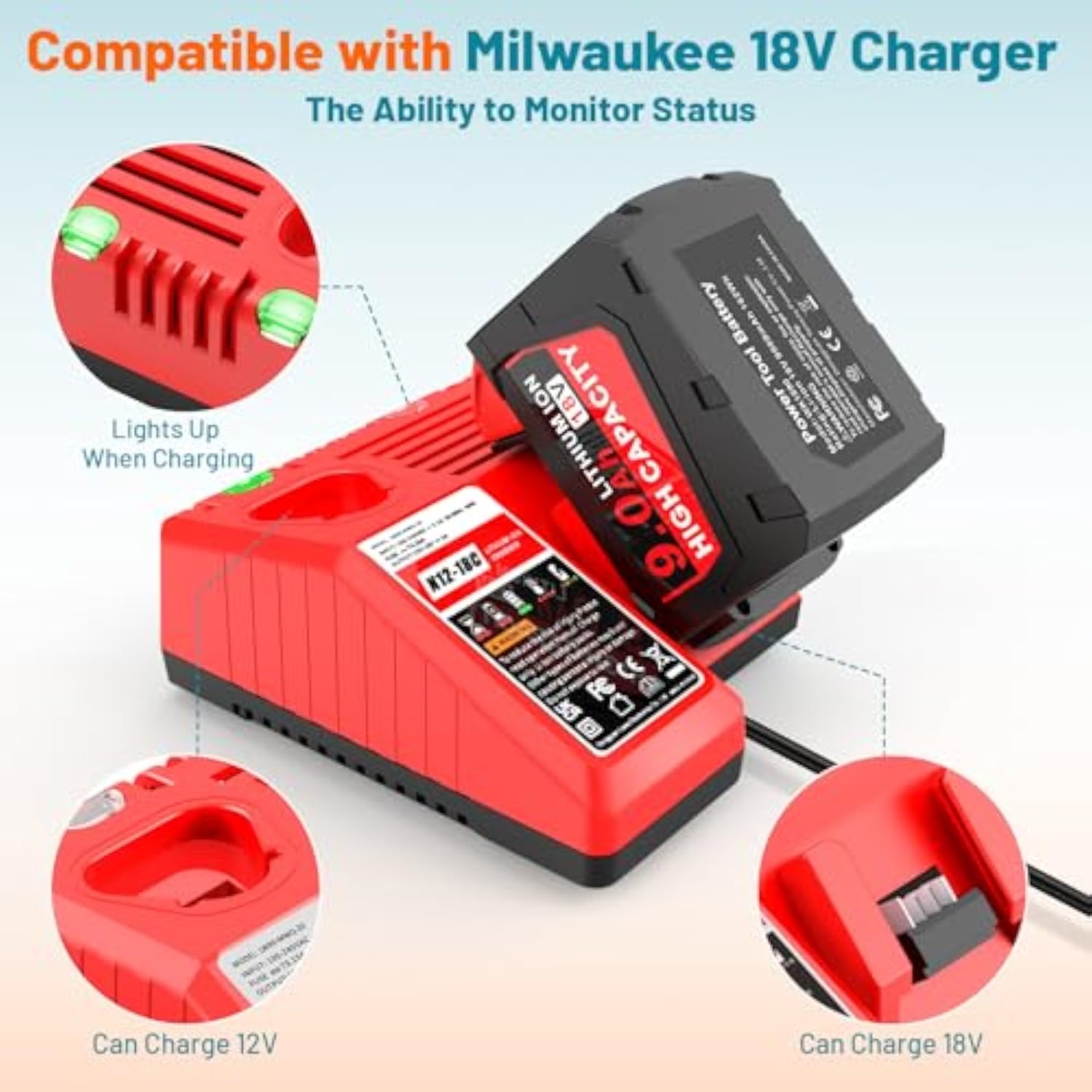 9.0Ah M18 Battery Replacement For Milwaukee With Multil Volatage Rapid Battery Charger For M12-M18 Power Tool Battery & Charger 48-11-1840 48-11-1828 48-11-1820 48-11-1815 48-11-1850 48-11-1860