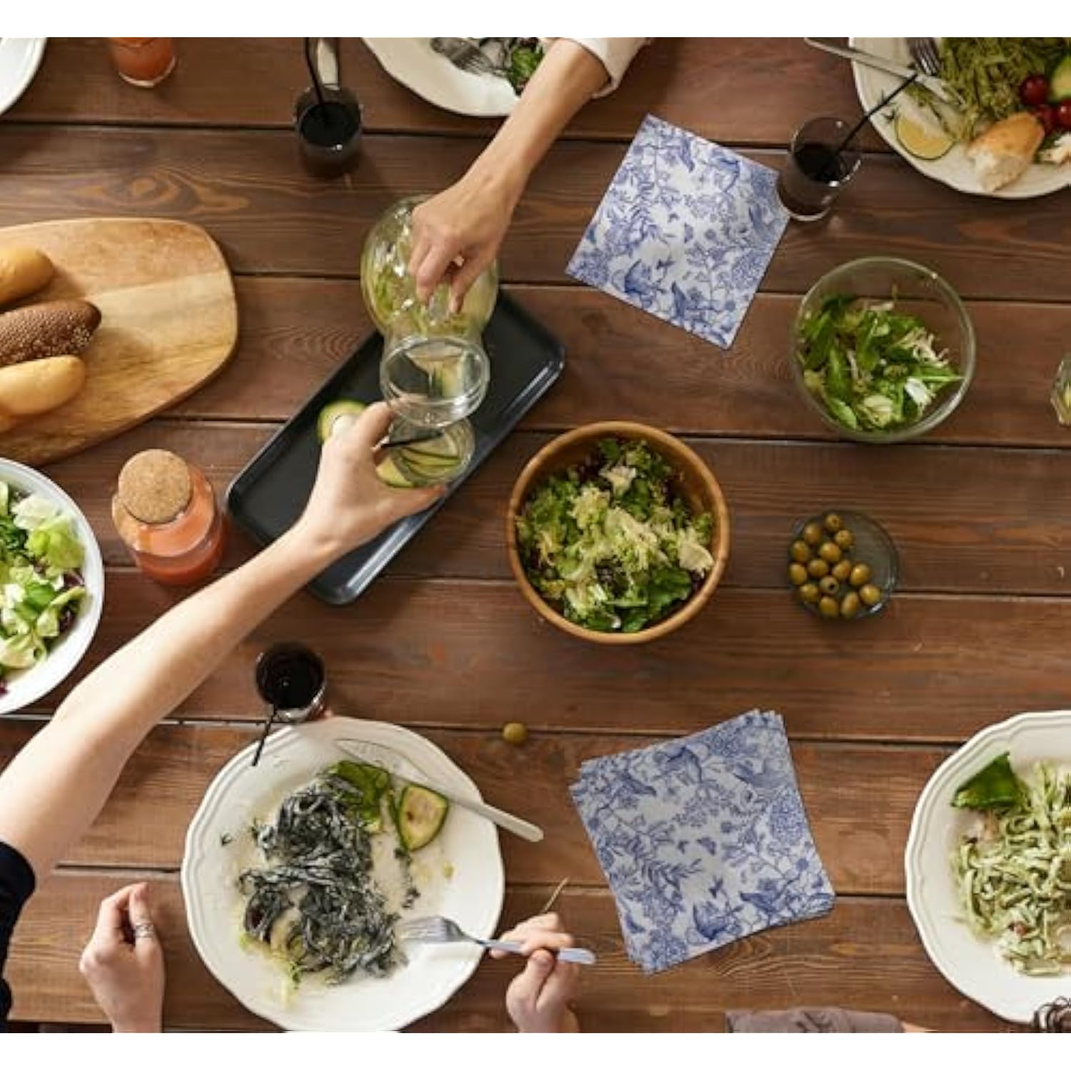 60 Pack Blue Floral Paper Napkins, Decorative Disposable Napkins For Wedding, Tea Party, Cocktail, Dinner, And Special Events - 6.7" Fancy Napkin