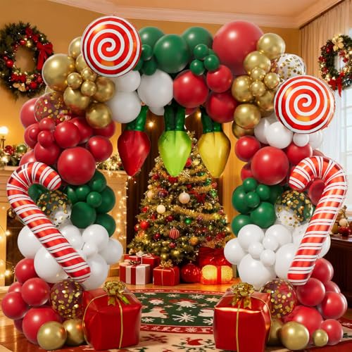 Christmas Balloon Arch Kit 153PCS, Red Green White Gold Balloons Garland with Candy Cane, Gift Box, Light Bulb Foil Balloons, Merry Christmas Party Decorations for Holiday