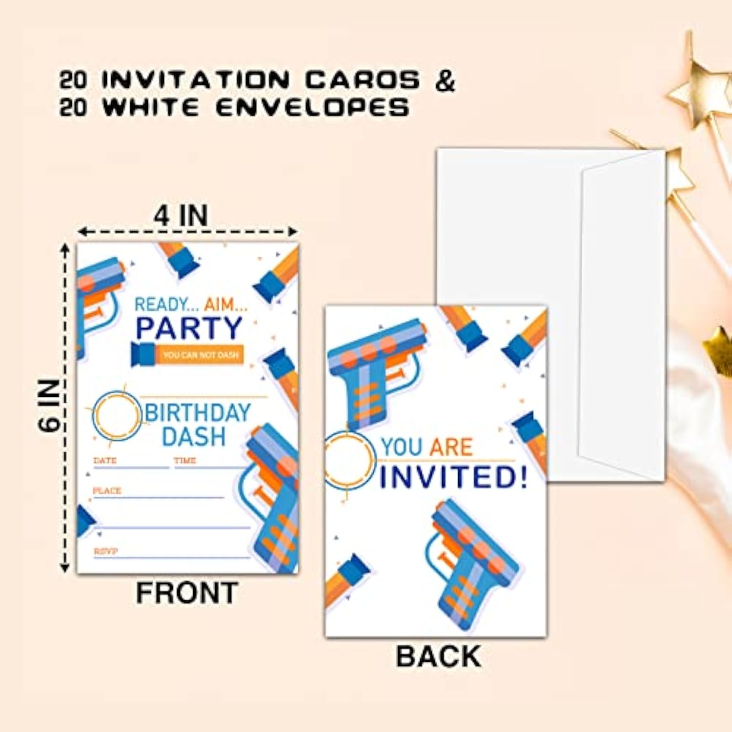 Nerf Birthday Party Invitations, Nerf Birthday Invitations For Boys Girls, Kids Birthday Invites, Theme Birthday Party Decorations, 20 Invitations With 20 Envelopes - B001