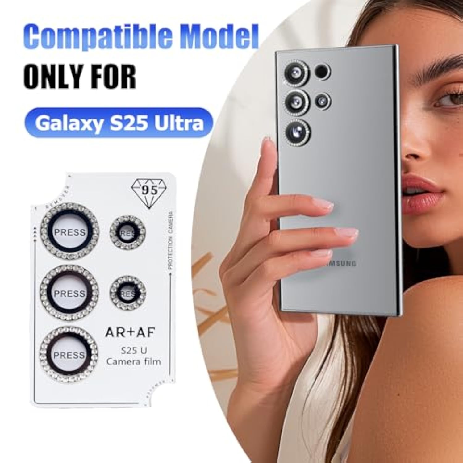 Bling Camera Lens Protector For Samsung Galaxy S25 Ultra, Individual Lens Cover With Hd Clear Tempered Glass Camera Screen Protection Film, Case Friendly, Scratch Proof(Silver Diamond)