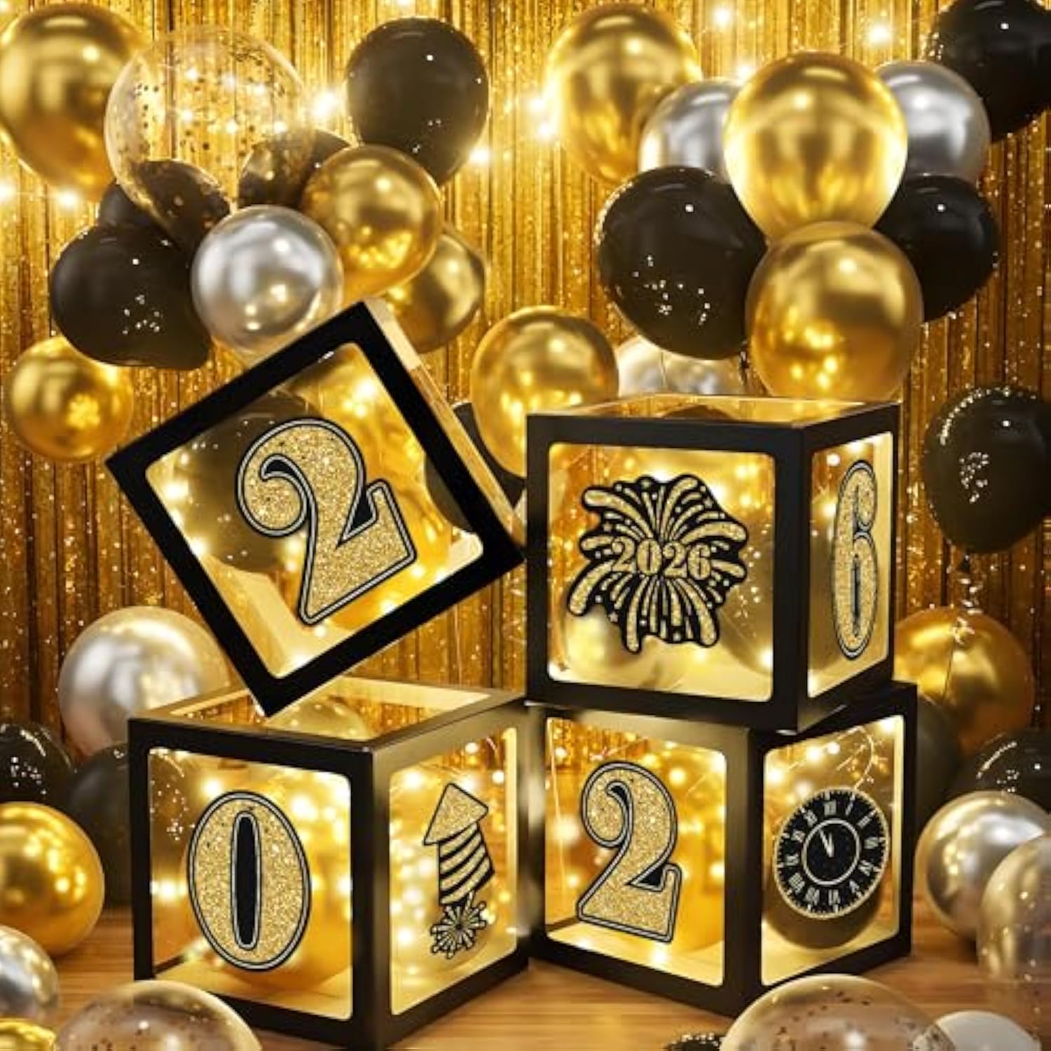 Black Gold 2026 Balloon Backdrop Wall with Foil Balloons Confetti Poppers