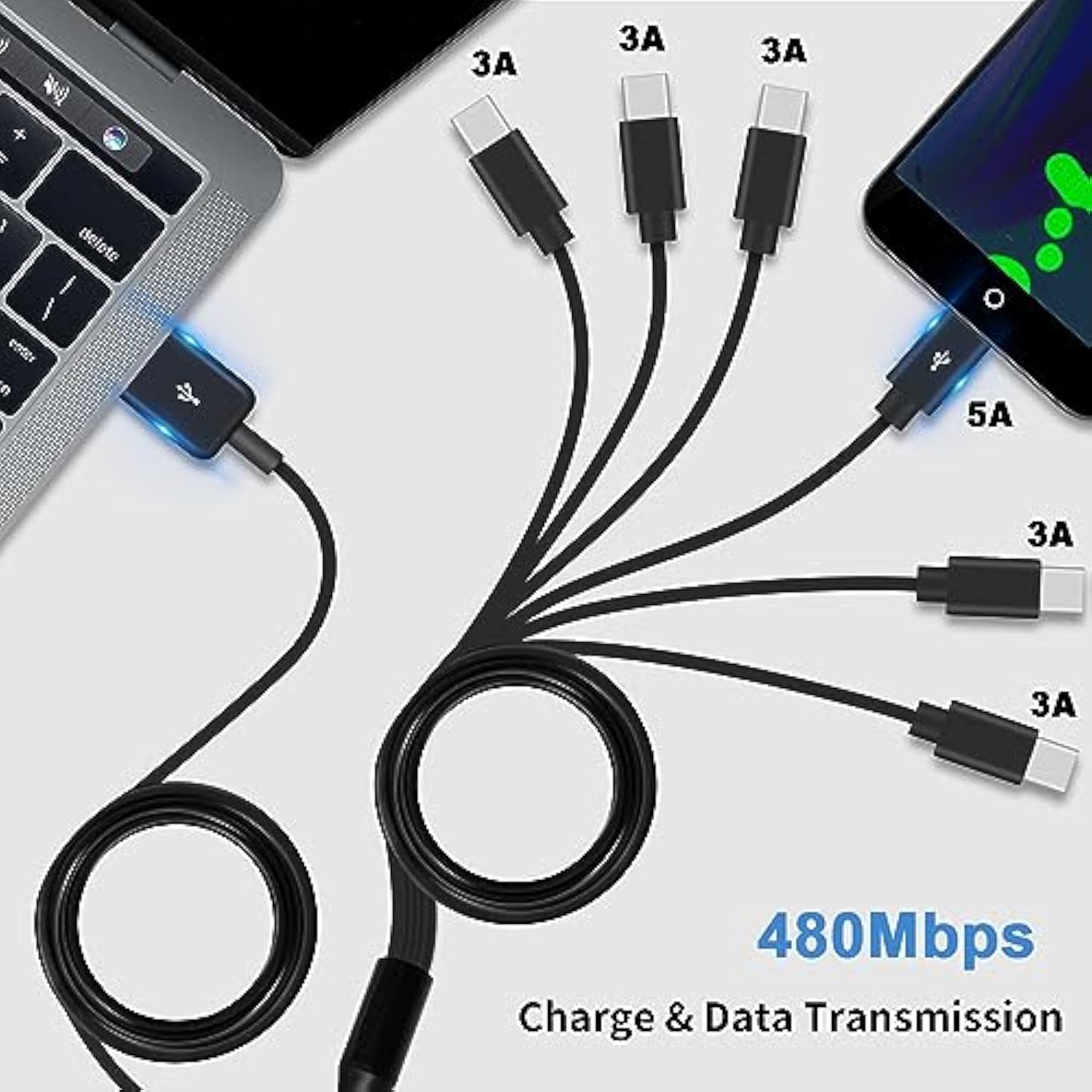Usb C Splitter Cable - 6 In 1 Usb 2.0 Type A To 6 Type-C Male Charger Cable With 3A Fast Charge For Android, Samsung, Tablet, 1.5Ft