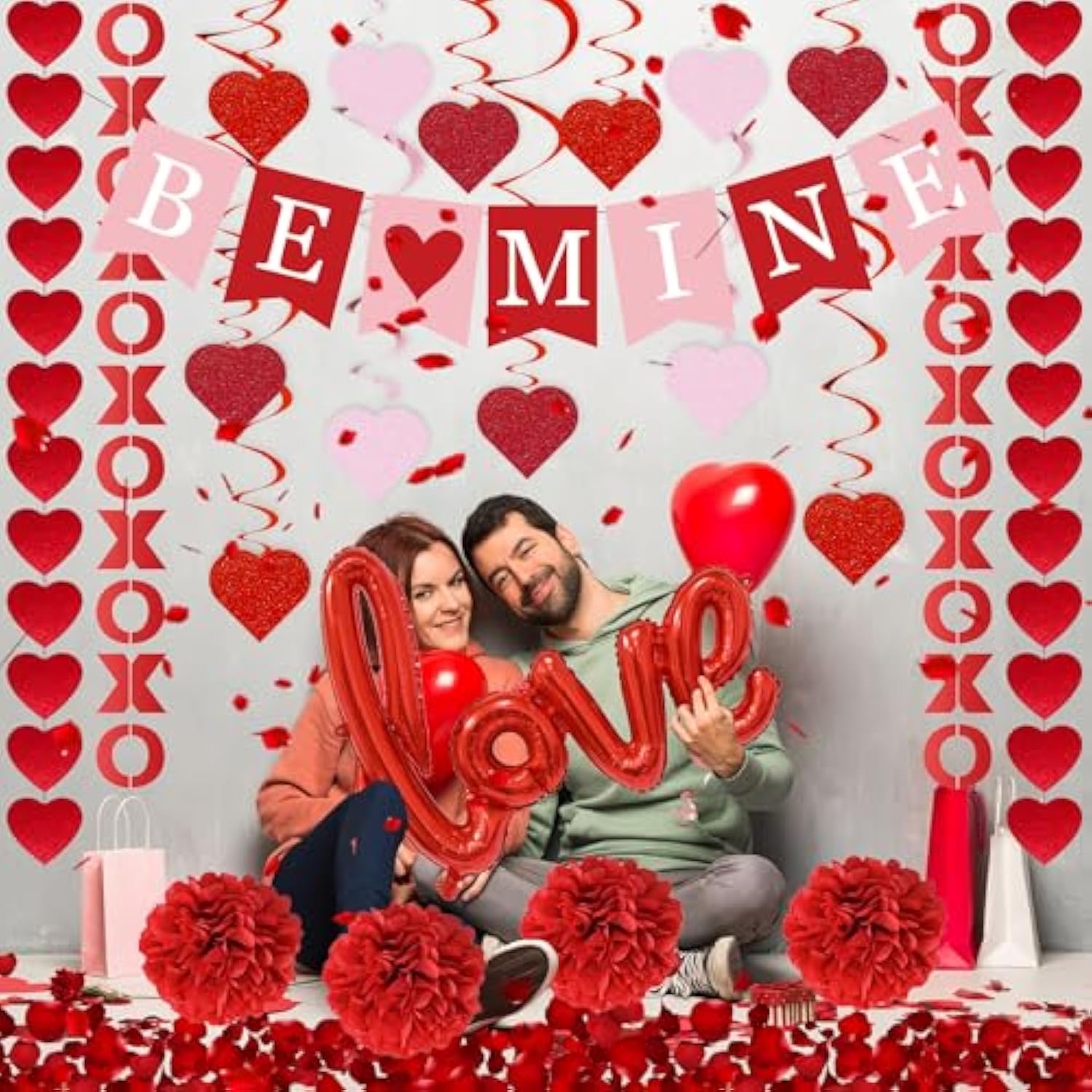 Red Valentine'S Day Decoration Set, Be Mine Banner, Love Heart Xo Garlands, Rose Petals, Hanging Swirls, Foil Love Balloons For Party Home Classroom Wedding Bedroom Office