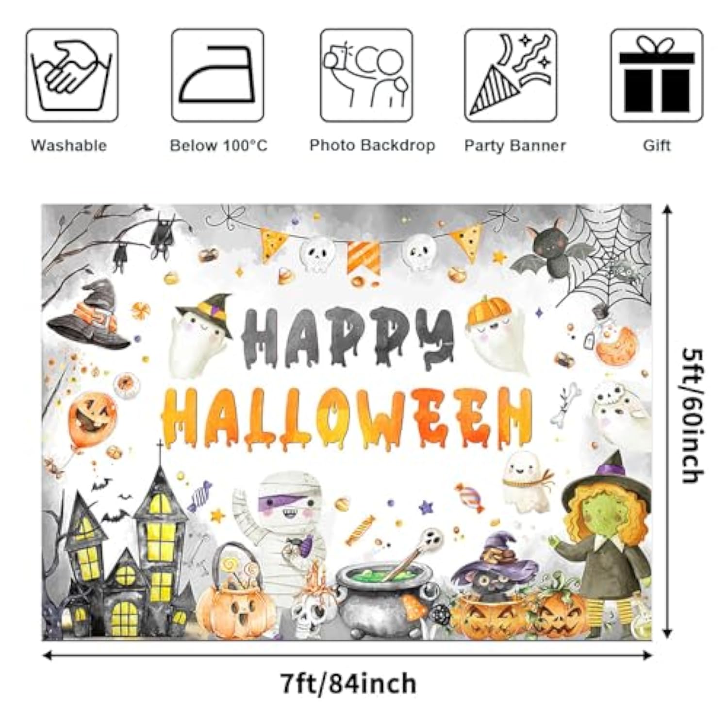 Happy Halloween Backdrop Cartoon Party Banner Spooky Ghost Photography Background 7x5ft