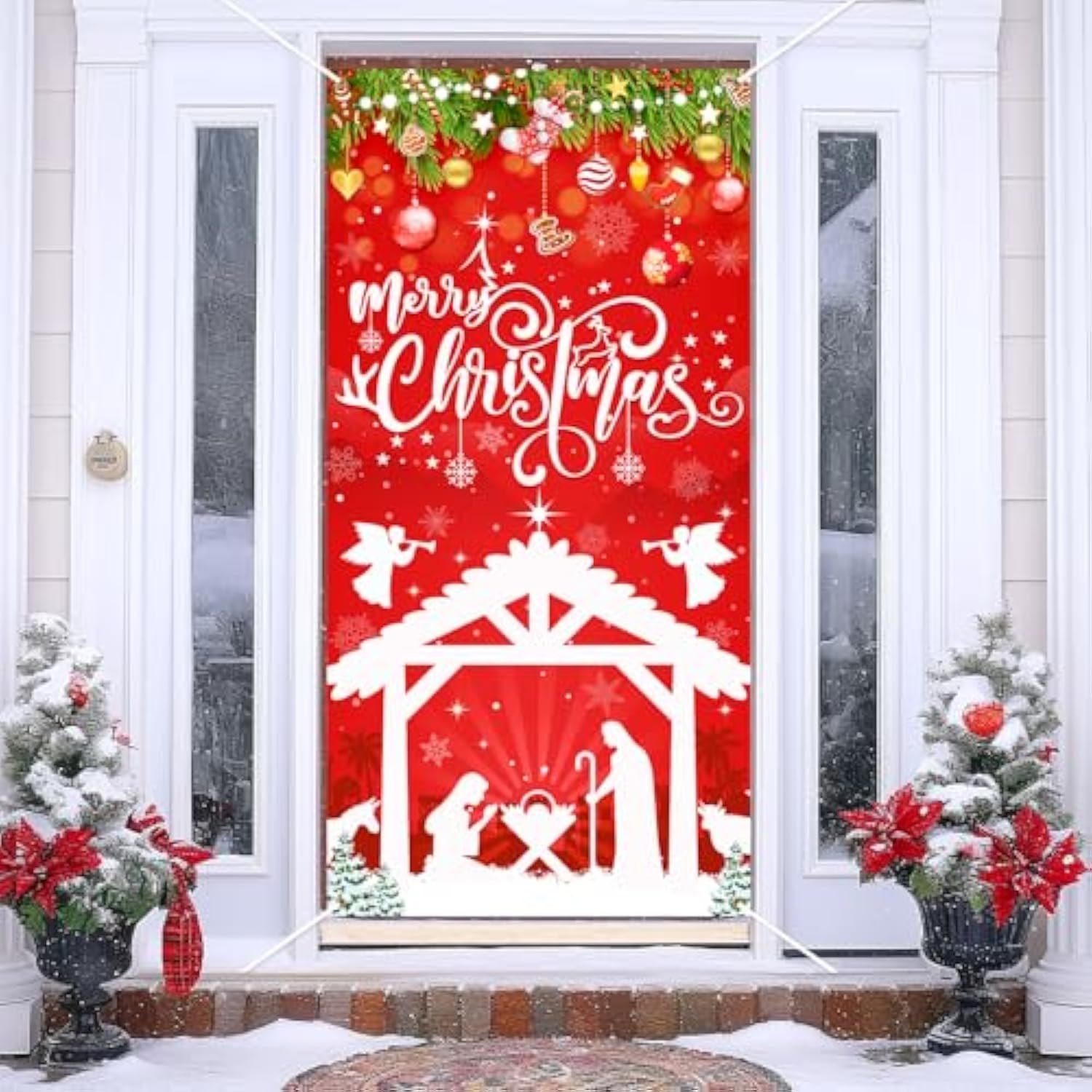 Christmas Nativity Door Cover Decorations Red Religious Merry Christmas Banner Jesus Christmas Decorations For Winter Xmas Party Indoor Outdoor