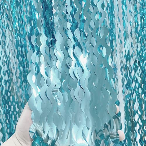 6.4 ft x 7.22 ft Metallic Tinsel Foil Fringe Curtains,Pack of 2 Party Streamer Backdrop for Birthday,Graduation Decorations and New Year Eve (Wavy Light Blue)