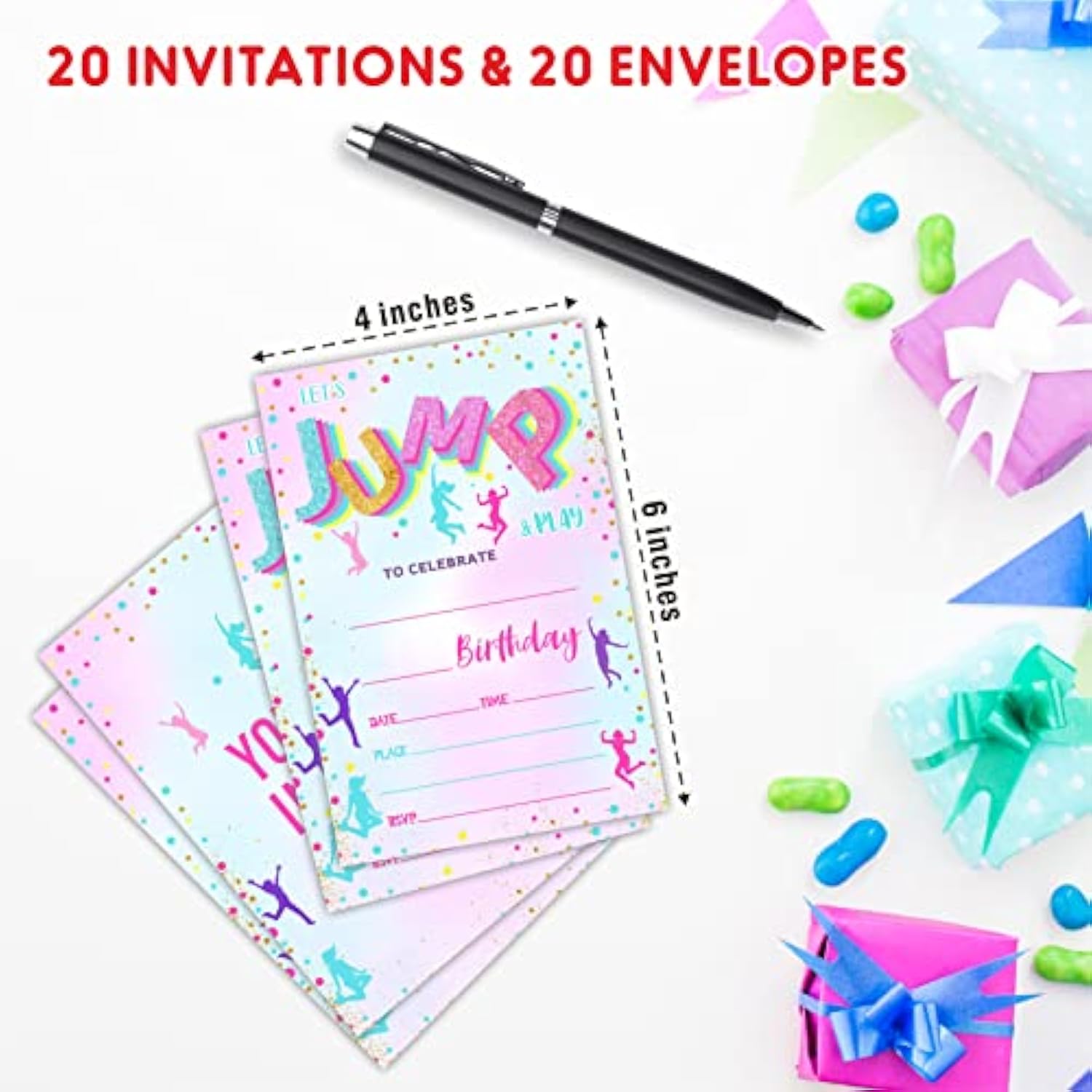 Let'S Jump & Play Birthday Invitations, Trampoline Double-Sided Fill-In Invite Cards For Birthday Party?Boys, Girls, Kids, Teen, 20 Invitations With Envelopes, Decorations,Party Favor And Supply-B01