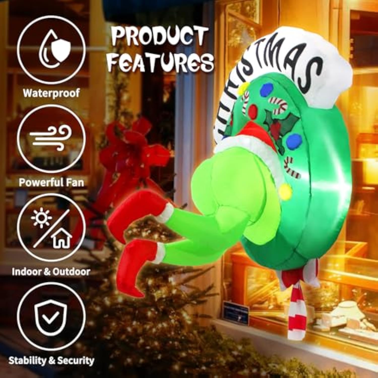 Christmas Inflatable Outdoor Decoration Window 3.5Ft Green Ugly Monster In Wreath With Built-In Led Lights For Yard Chri
