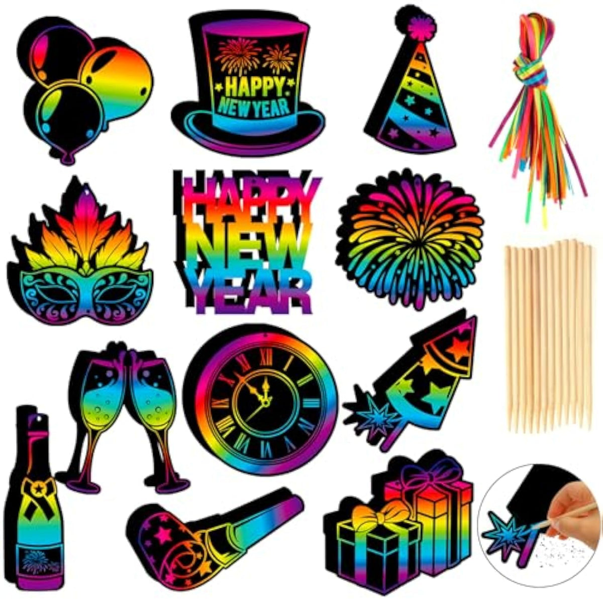 36Pcs New Year Scratch Paper Art Kit, New Year’S Eve Rainbow Scratch Off Cards For 2026 Nye Holiday Activity School Diy Drawing Project Supplies, News Years Paper Scratch Cards