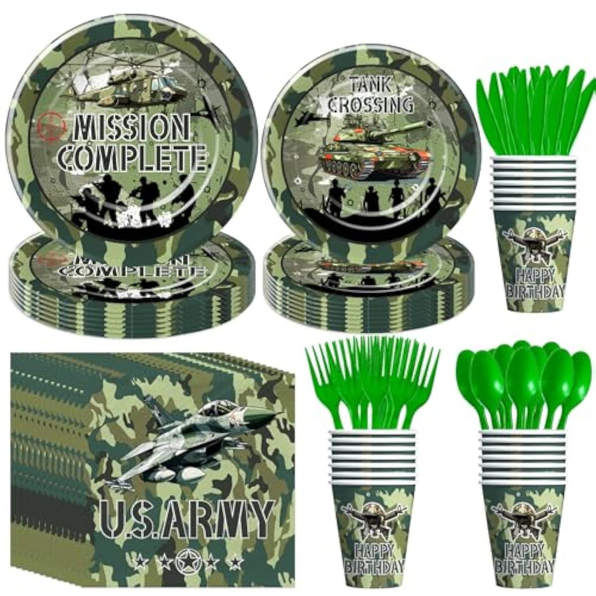 Military Army Party Decorations Tableware - Army Birthday Party Supplies, Plate, Cup, Napkin, Disposable Cutlery, Camo Camouflage Army Military Soldier Theme Birthday Decorations | 24 Guests