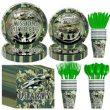 Military Army Party Decorations Tableware - Army Birthday Party Supplies, Plate, Cup, Napkin, Disposable Cutlery, Camo Camouflage Army Military Soldier Theme Birthday Decorations | 24 Guests
