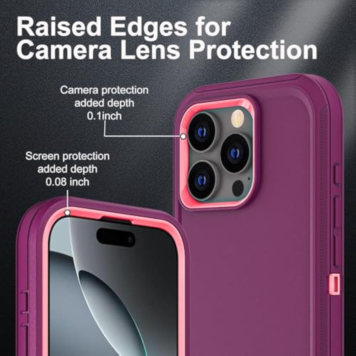 For Iphone 16 Pro Case, Military Grade 3 In 1 Heavy Duty Shockproof/Drop Proof/Dust Proof Case With 2Pcs Tempered Glass Screen Protector (Purple/Pink)