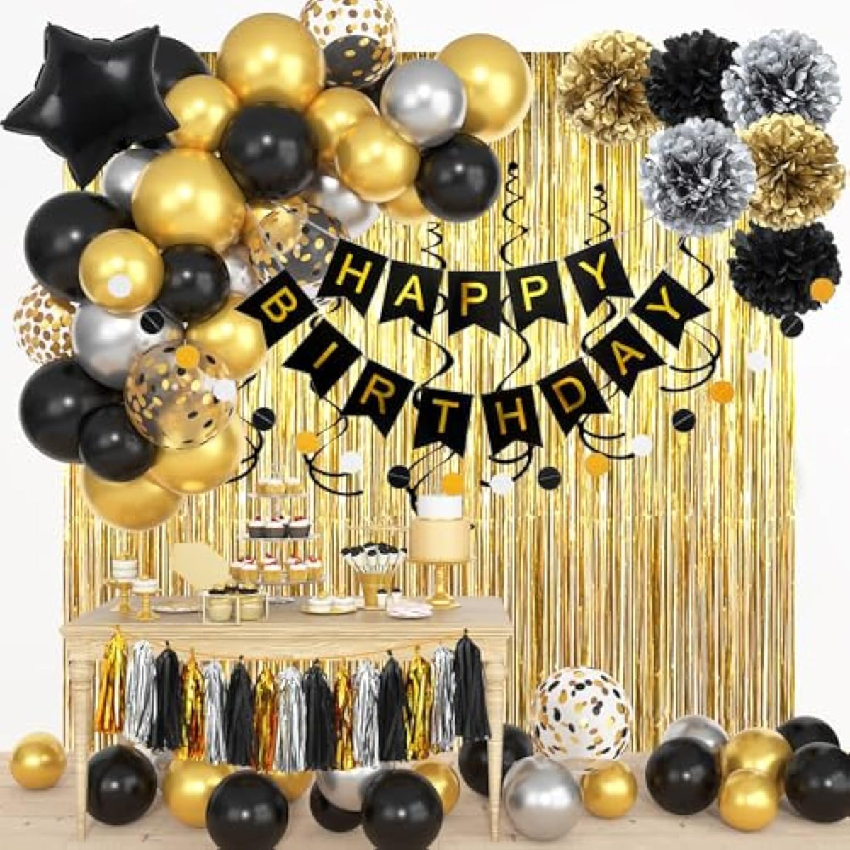 Black And Gold Birthday Party Decorations Kit For Men Women, Cheers Beer Confetti Black Gold Balloon Happy Birthday Banner Fringe Curtains Swirl Circle Dots Tassels Pom Graduation 30Th 40Th 50Th Him