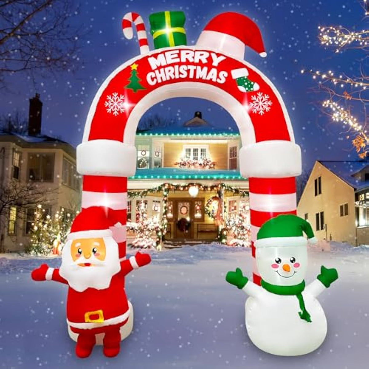 10 Ft Christmas Inflatable Santa Snowman Archway Decoration, Led Lighted Giant Xmas Arch With Candy And Gift Box Blow Up