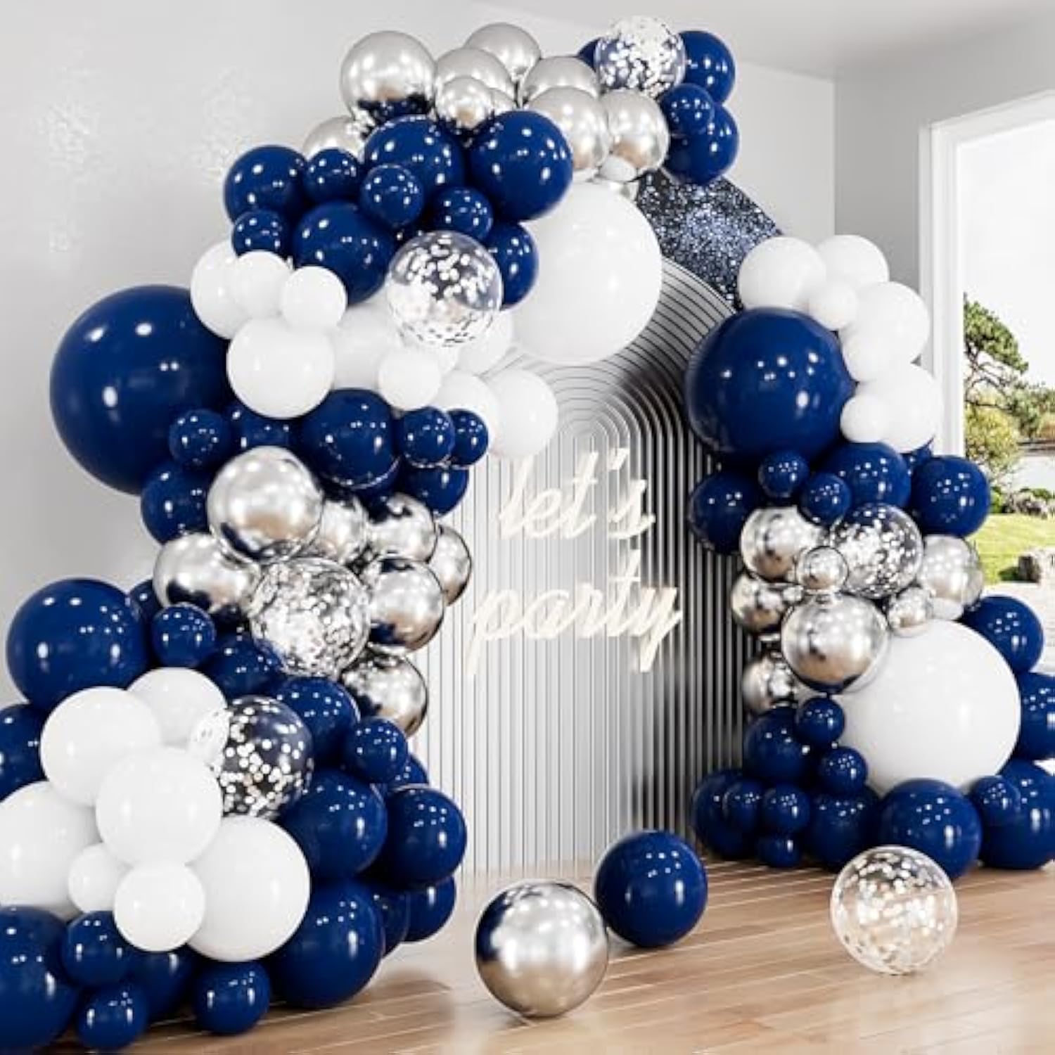 Navy Blue Balloon Arch Kit: Silver Confetti Party Decorations