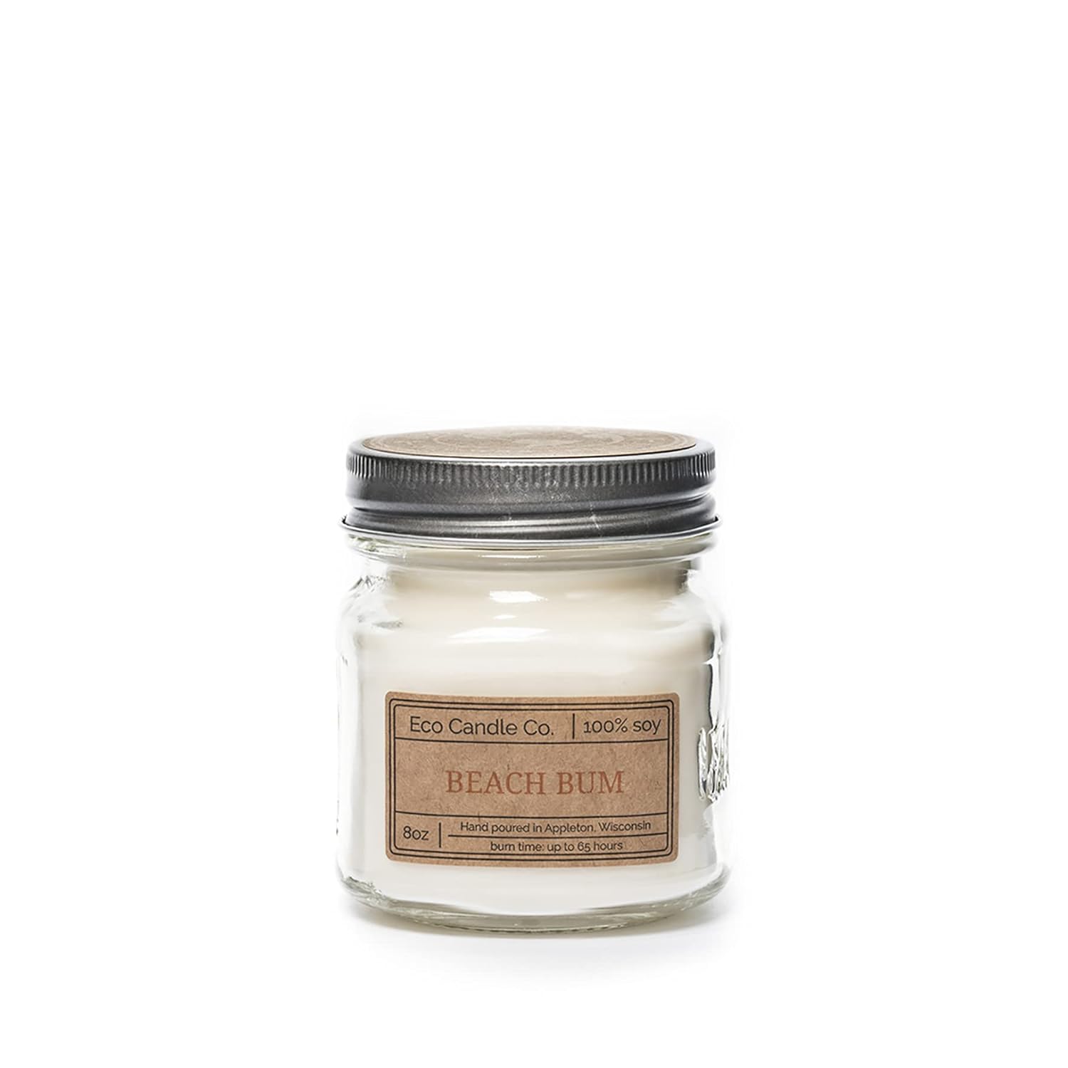 Mason Jar Candle, Beach Bum, 8 Oz. - Scents Of Tropical Coconut, Warm Kola Nut And Fresh Island Fruits - 100% Soy Wax, No Lead, Kraft Label & Antiqued Pewter Lid, Hand Made