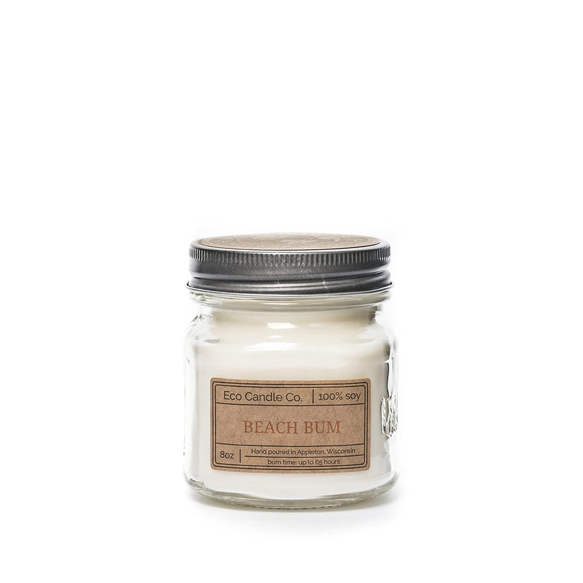 Mason Jar Candle, Beach Bum, 8 Oz. - Scents Of Tropical Coconut, Warm Kola Nut And Fresh Island Fruits - 100% Soy Wax, No Lead, Kraft Label & Antiqued Pewter Lid, Hand Made