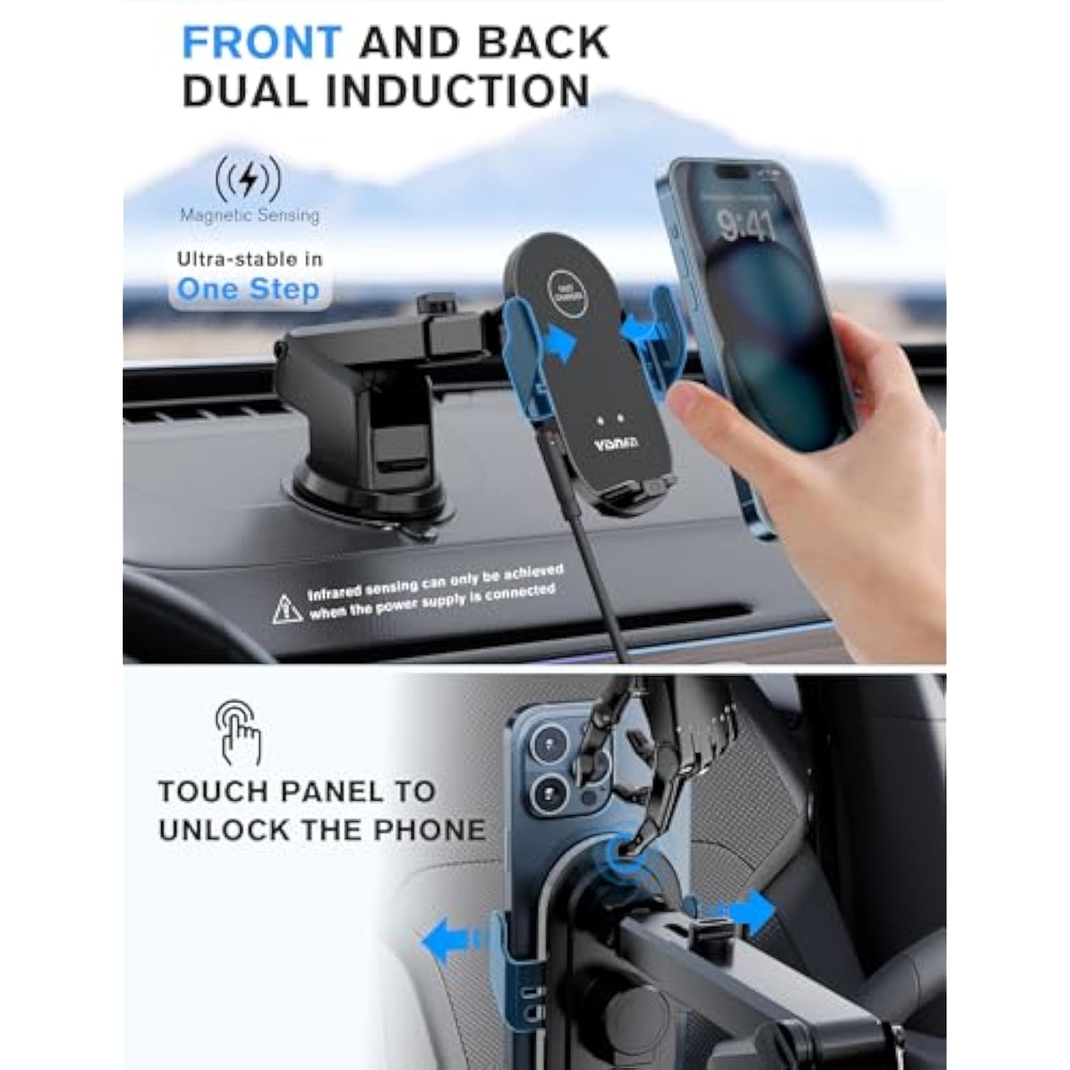 Wireless Car Charger, 15W Fast Charging Car Phone Holder Auto Clamping, Phone Mount For Car Dashboard Air Vent Windshield, For All Iphone Android (Black)