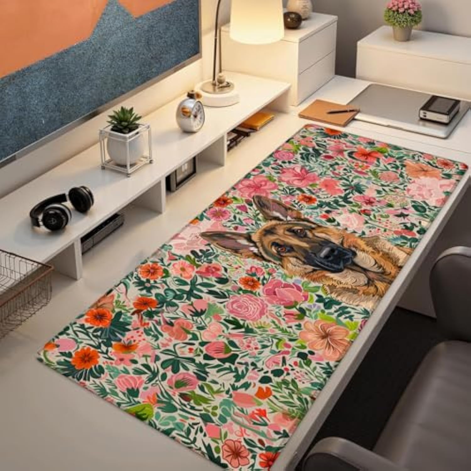 Cute Dog Gaming Mouse Pad, Large Office Desktop Puppy Mousepad For Computer Laptop, Extended Work Desk Mat With Anti-Slip Base, Decorative Desk Pad 31.5×11.8 In (German Shepherd Floral)