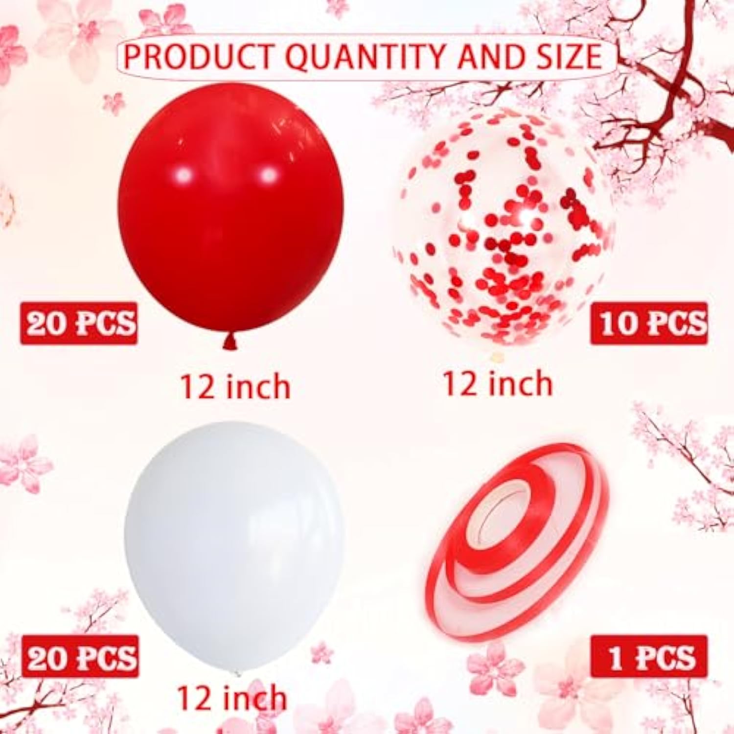 50 Pcs Red & White Balloons, 12" for Girls' Birthday Party Decorations