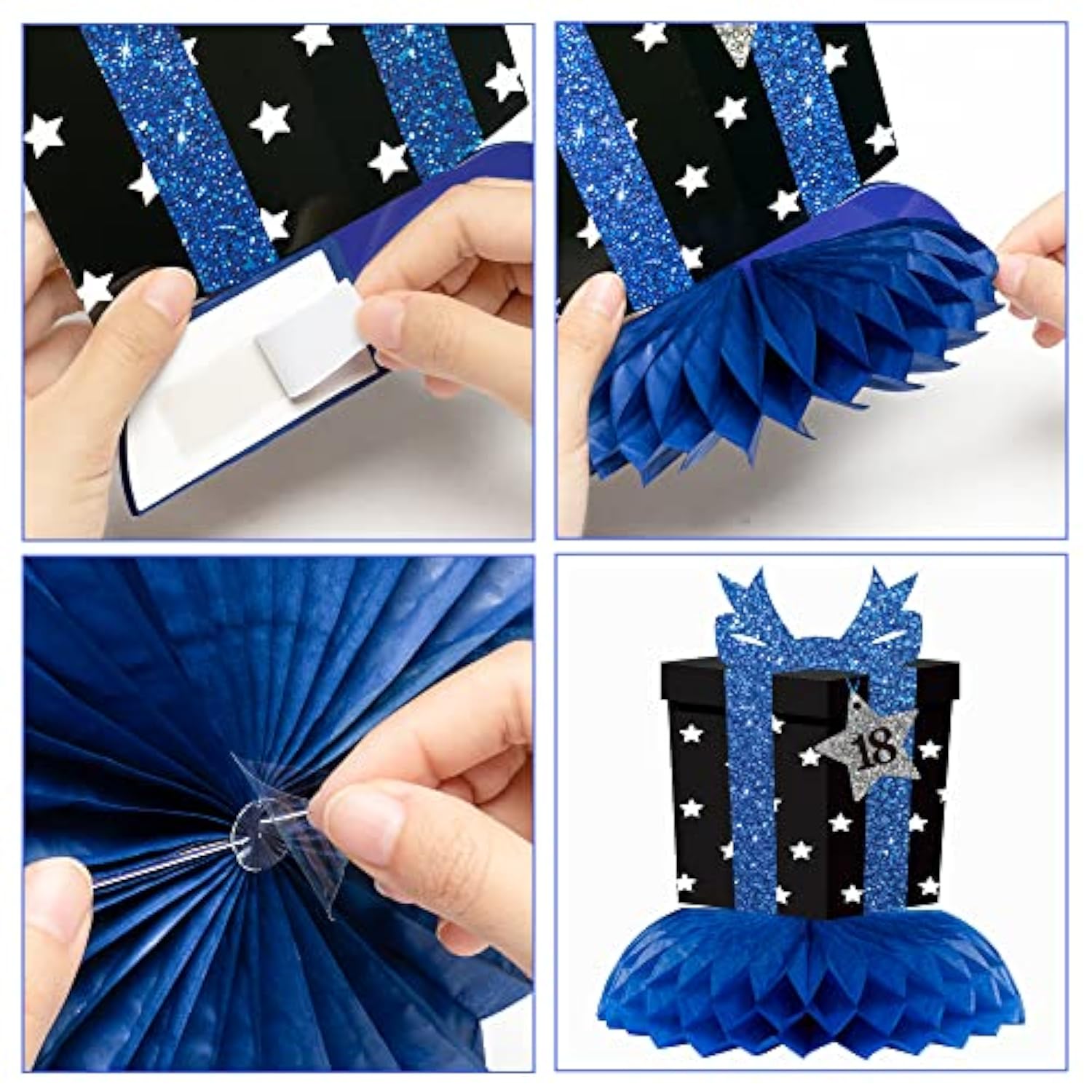 26Pcs 18th Birthday Decorations, Blue & Black Banner, Swirls & Honeycomb Centerpieces