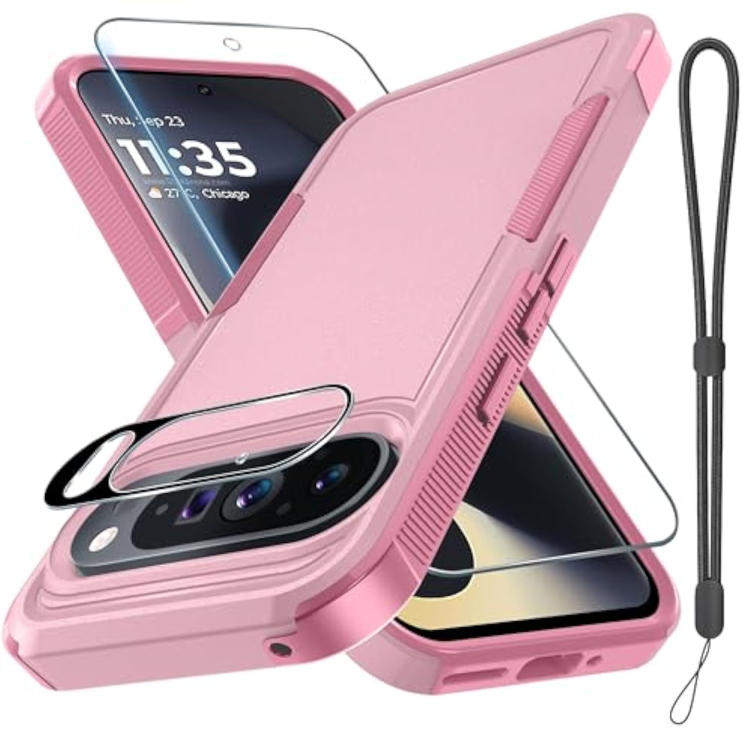 Heavy Duty Shockproof Case for Pixel 9/9 Pro with Lanyard, Screen Protector, Pink