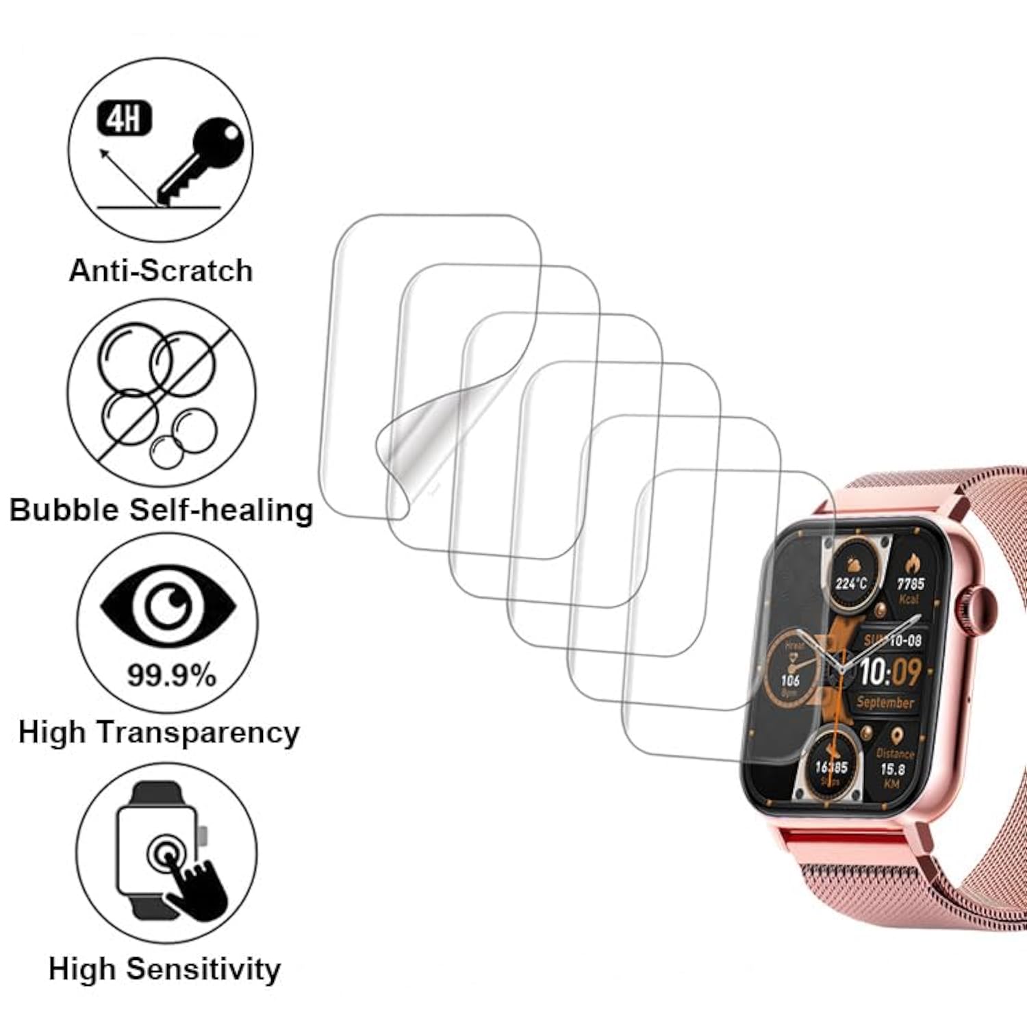 6-Pack Screen Protector Compatible With Trendia Tg09 1.83” Fitness Tracker Smart Watch, Soft Tpu, Full Coverage, Bubble Self-Healing, With Non-Slip Pad Sticker