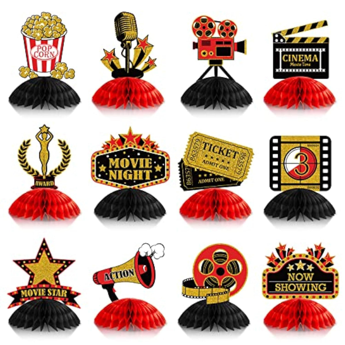 Movie Night Honeycomb Centerpieces: 3D Party Decorations, Set of 12